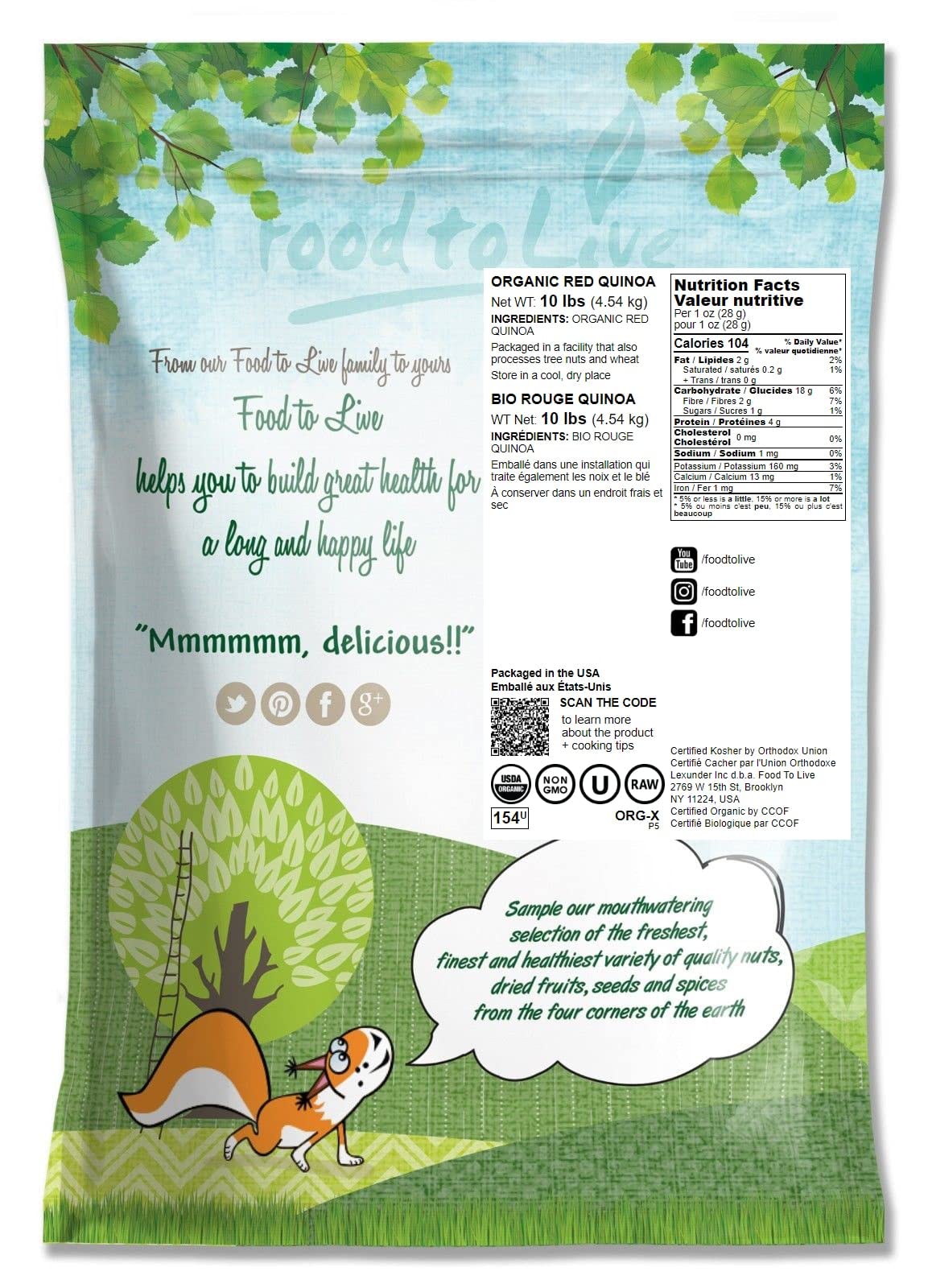 Food to Live - Organic Red Quinoa, 10 Pounds Non-GMO, Whole Grain, Kosher, Vegan, Sirtfood, Bulk. Rich in Essential Amino Acids,