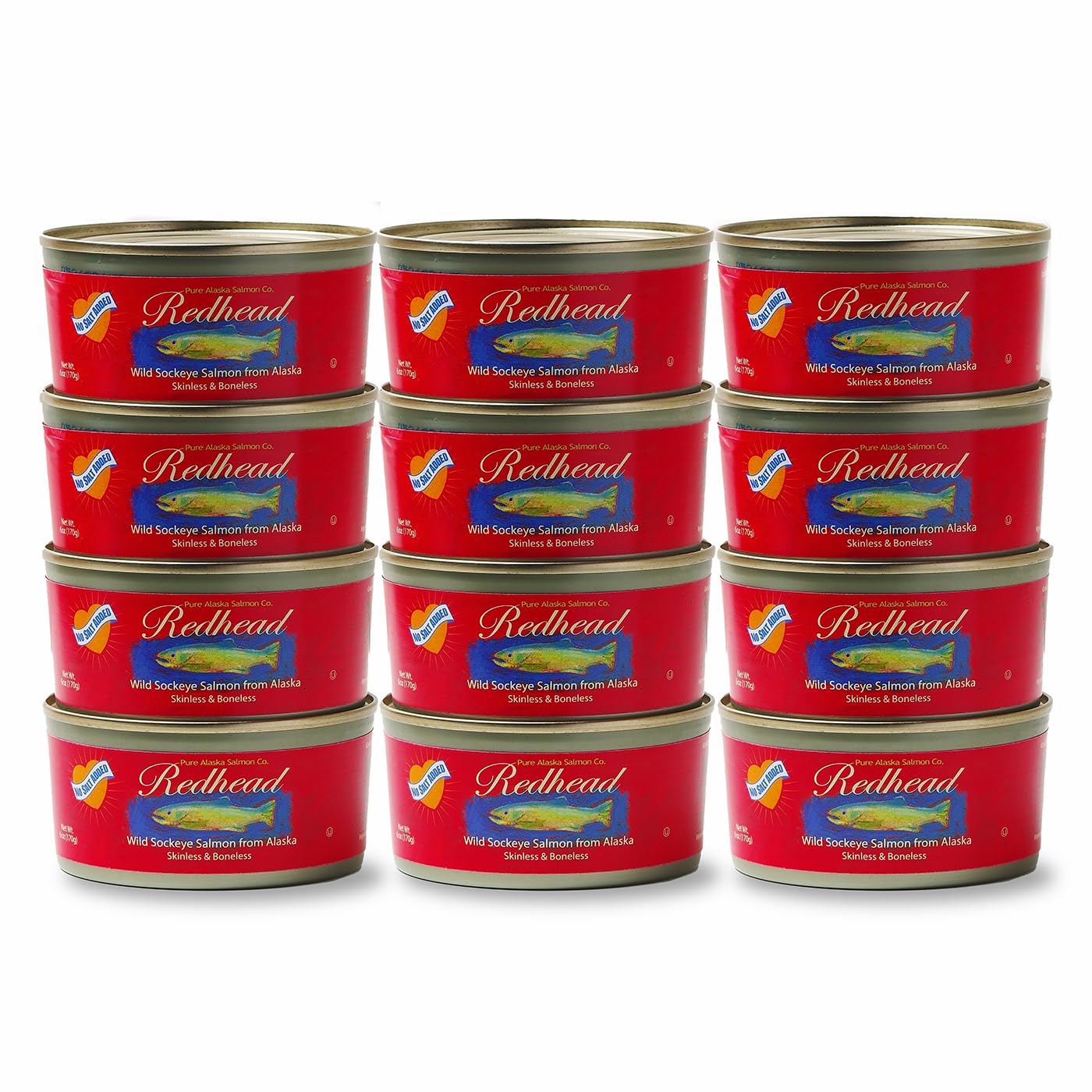 Pure Alaska Salmon Co. NO SALT ADDED Wild Alaska Sockeye Salmon, Skinless & Boneless, Gluten Free, 12-pack 6 oz Cans, Kosher, Sustainable