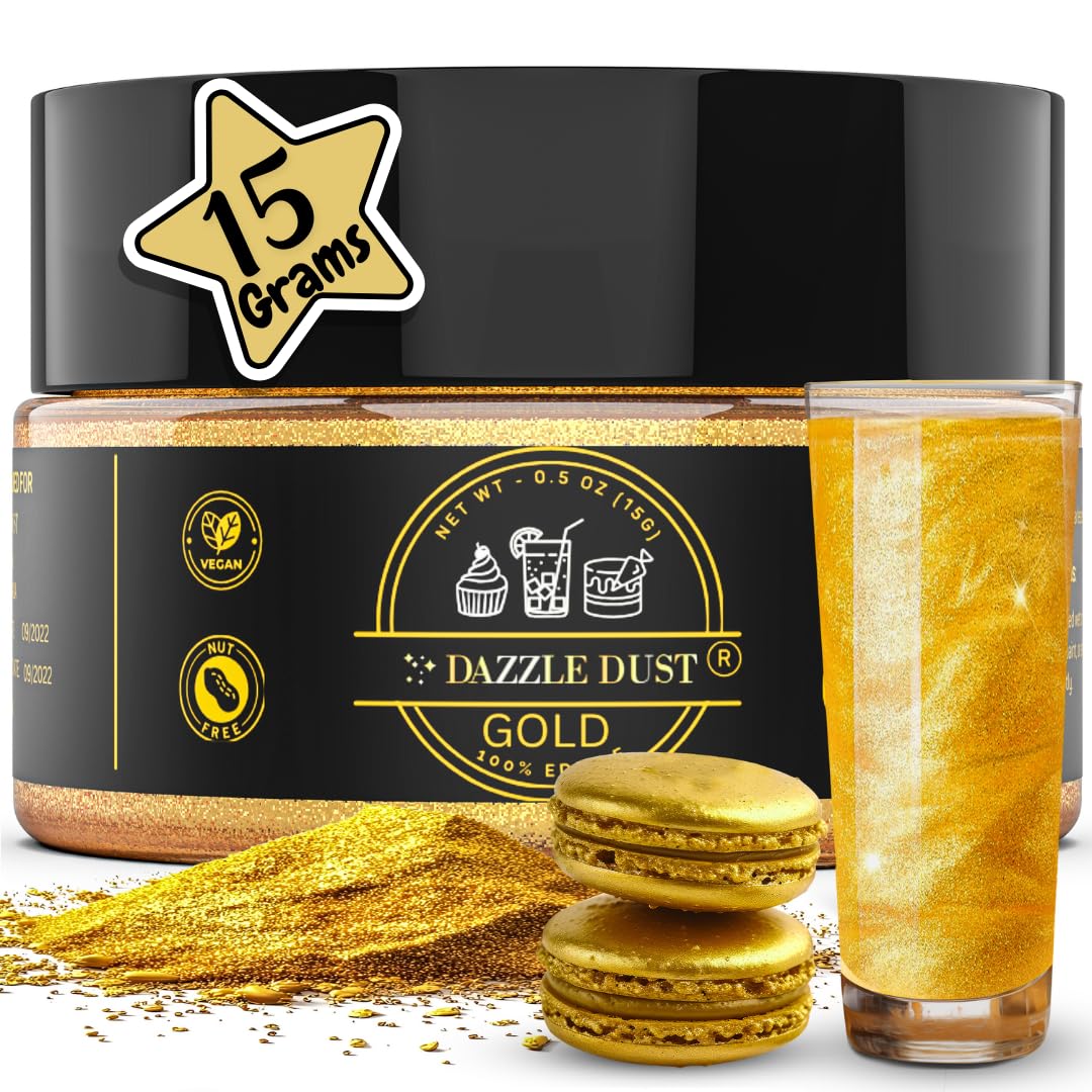 DAZZLE DUST Edible Glitter Powder Sprinkles, Food-Grade, Vegan, Gluten Free, 15g, Gold