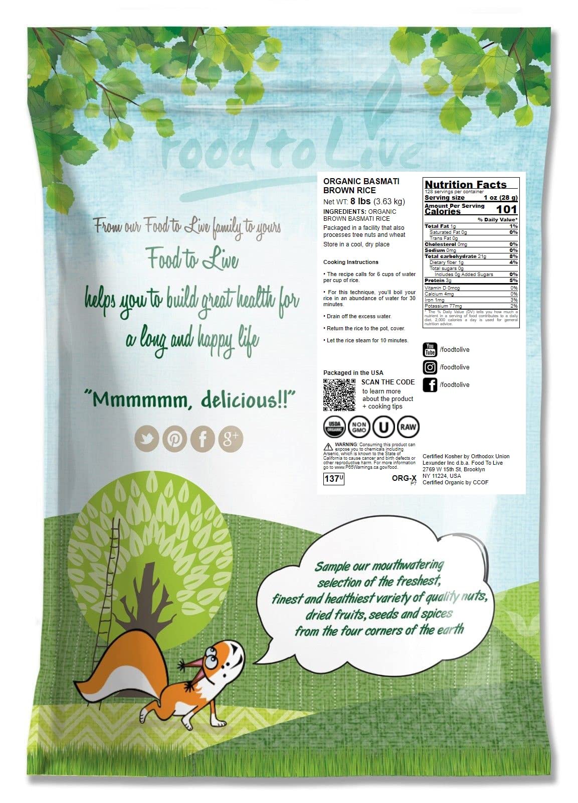 Food To Live - Organic Brown Basmati Rice, 8 Pounds Non-Gmo, Whole Grain, Long-Grain Rice Variety, Fragrant, Kosher, Vegan, Bulk