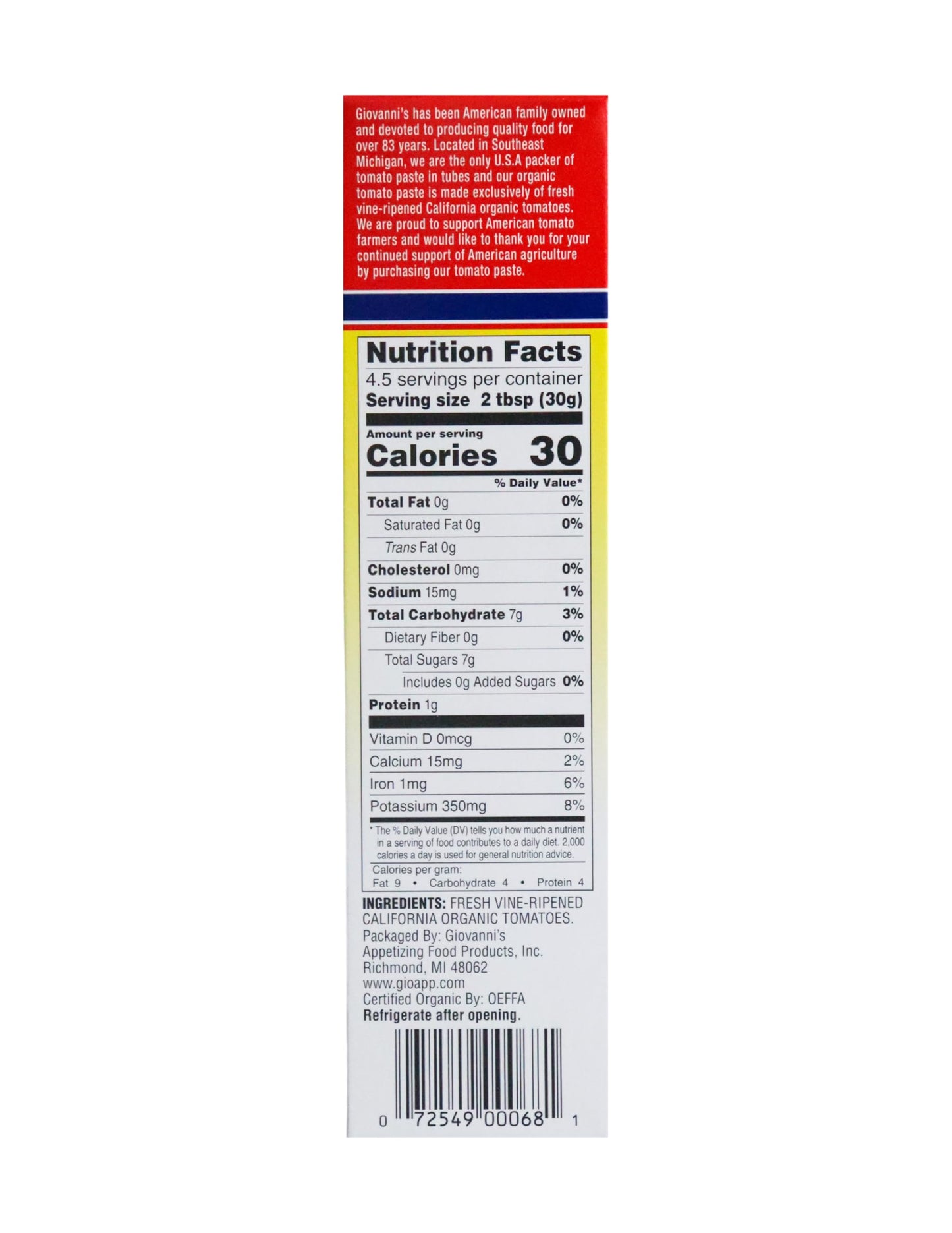 Giovannis Organic Double Concentrated Tomato Paste - 12-Pack Case (4.5 Oz Tubes) | Made In The Usa With San Joaquin Valley Vine-