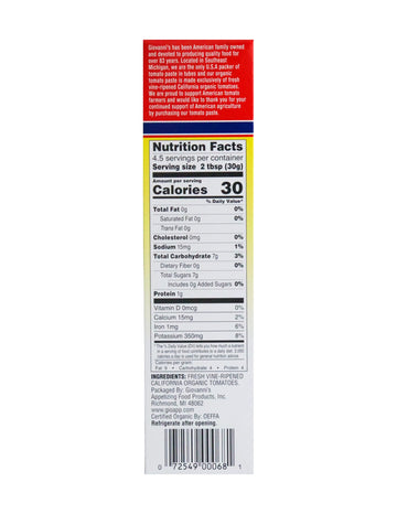 Giovannis Organic Double Concentrated Tomato Paste - Made In The Usa With San Joaquin Valley Vine-Ripened Tomatoes, 4.5 Oz Tube