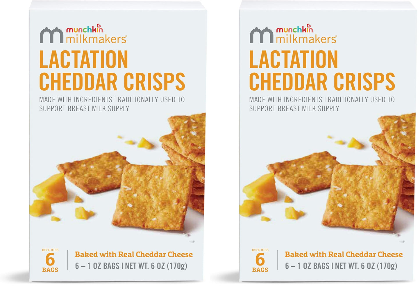 Munchkin Milkmakers Lactation Cheddar Crisps for Breastfeeding Moms with Oats and Flax, 6 Count (Pack of 2)