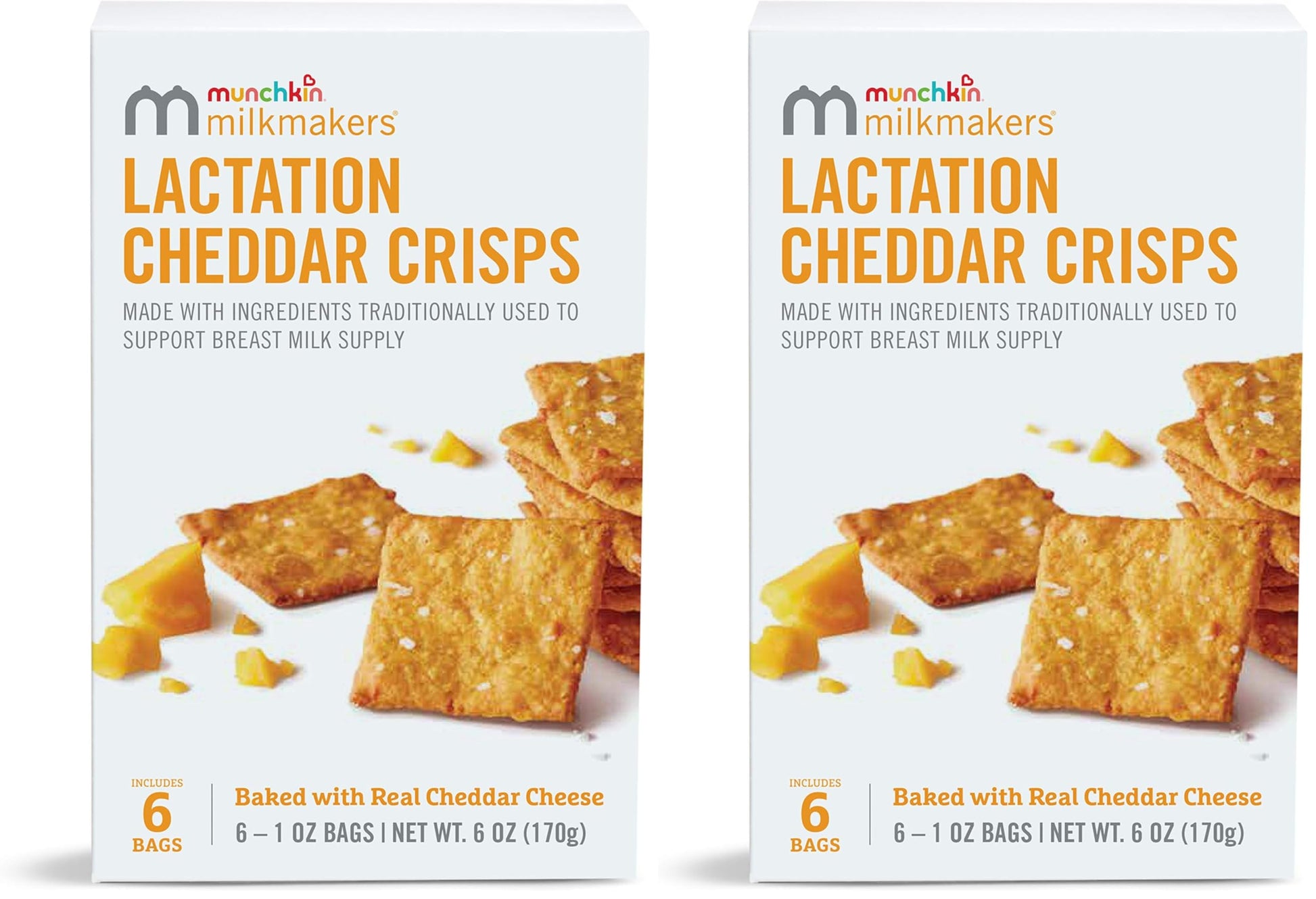 Munchkin Milkmakers Lactation Cheddar Crisps for Breastfeeding Moms with Oats and Flax, 6 Count (Pack of 2)