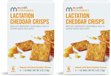 Munchkin Milkmakers Lactation Cheddar Crisps for Breastfeeding Moms with Oats and Flax, 6 Count (Pack of 2)