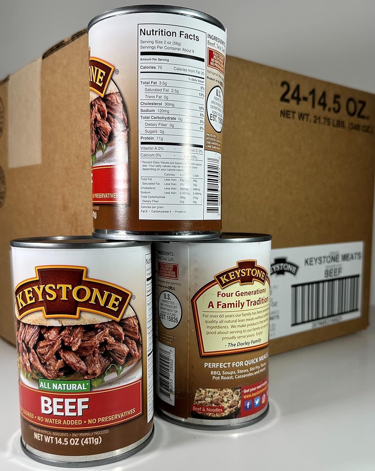 Keystone Meats All Natural Heat And Serve Canned Beef 14.5 Oz Fully Cooked Canned Meat Shelf Stable Emergency Survival Canned Fo