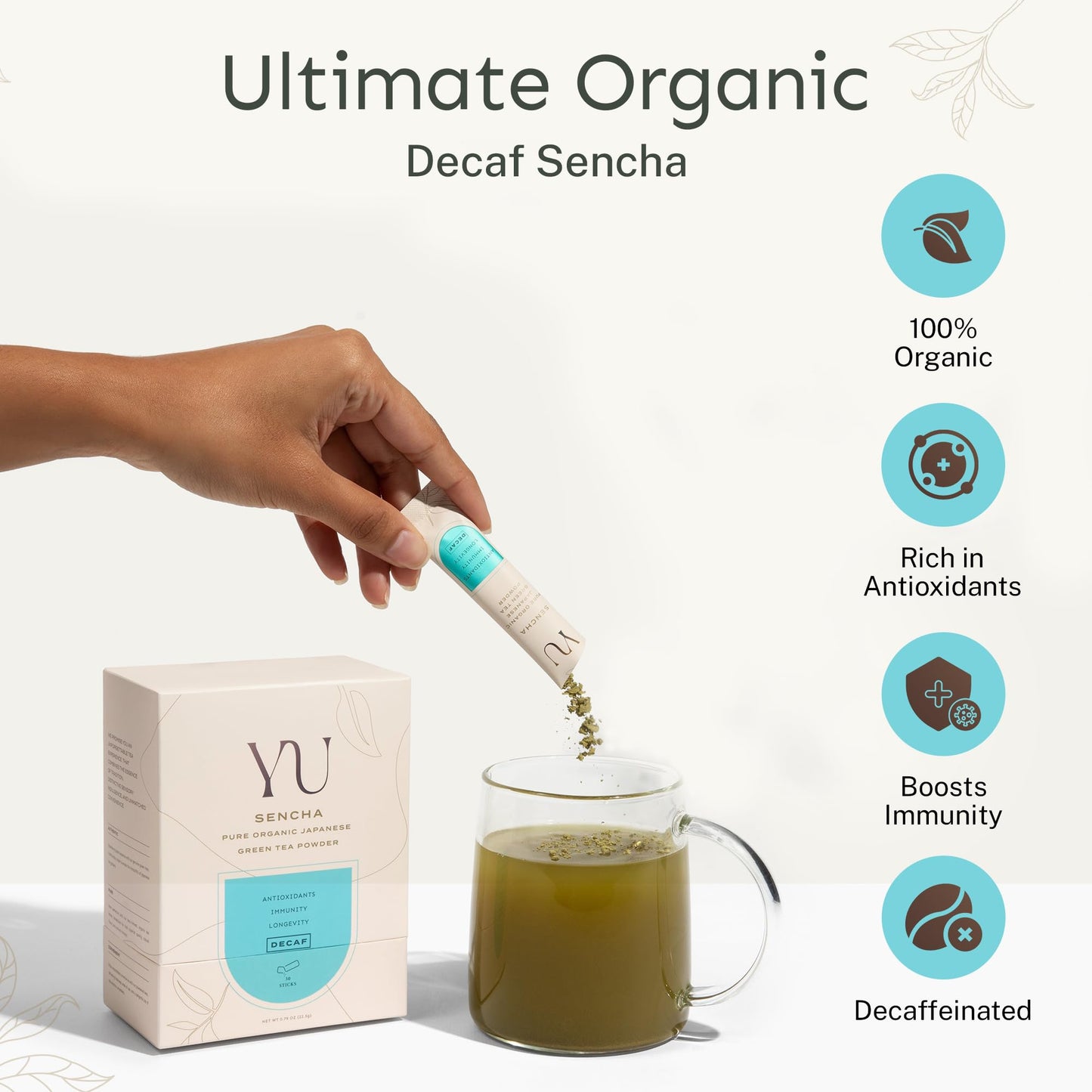 Yu Decaf Organic Sencha Green Tea Powder, Caffeine-Free, 30 Instant Packets