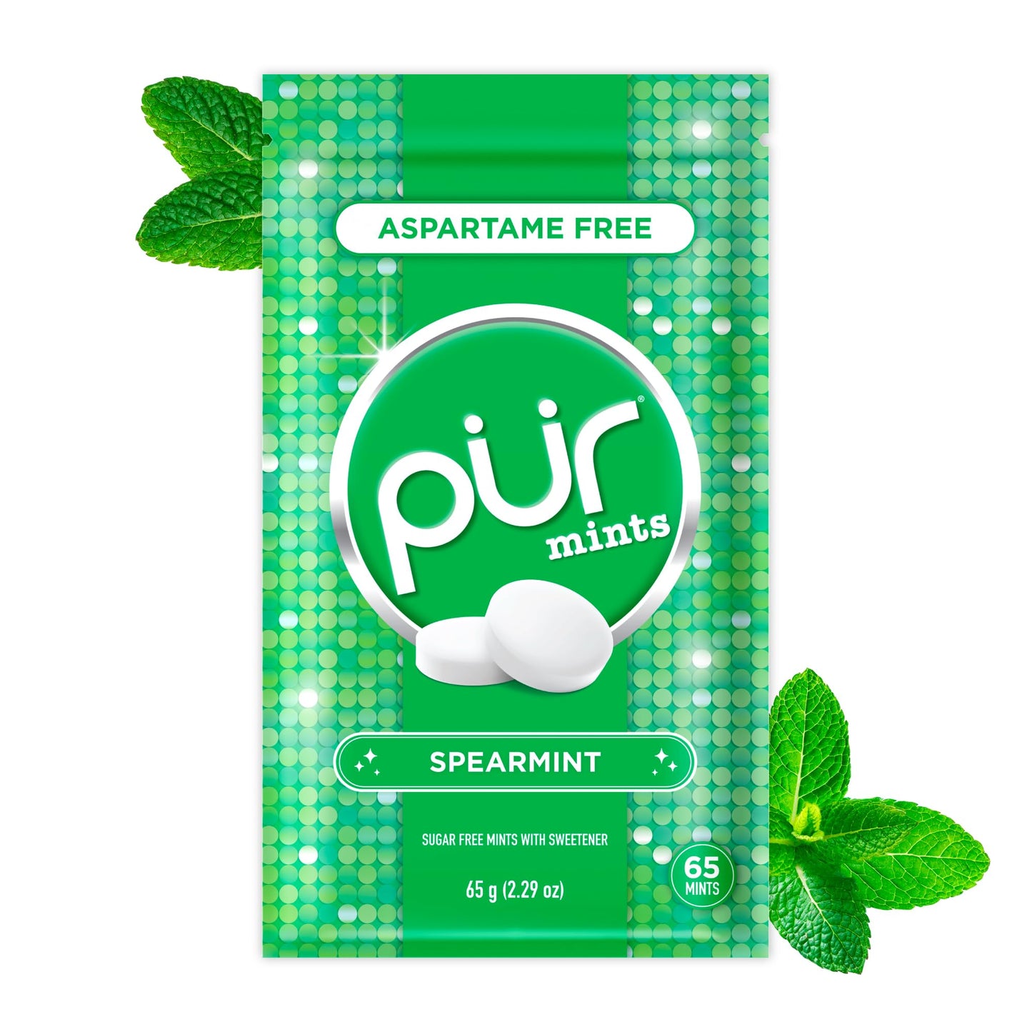 PUR Mints | Aspartame Free Breath Mints | Made with Xylitol | Sugar Free  Vegan  Gluten Free | Natural Spearmint Flavor | 65 Pieces in Re-Sealable pouch (Pack of 1)