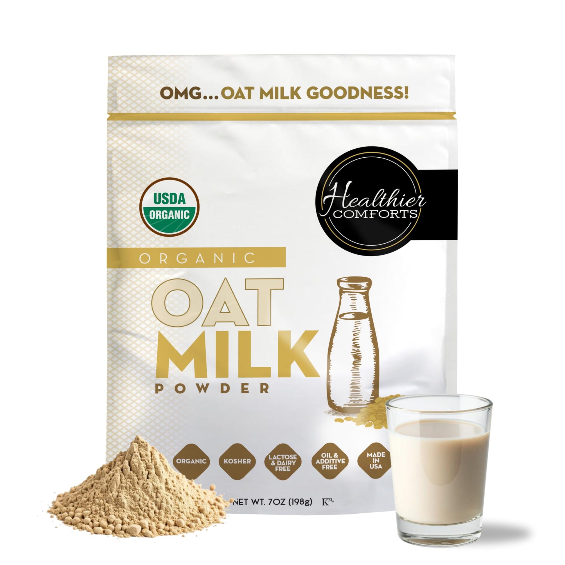 Healthier Comforts Oat Milk Powder - Gluten-Free, Vegan, USDA Organic, 7oz