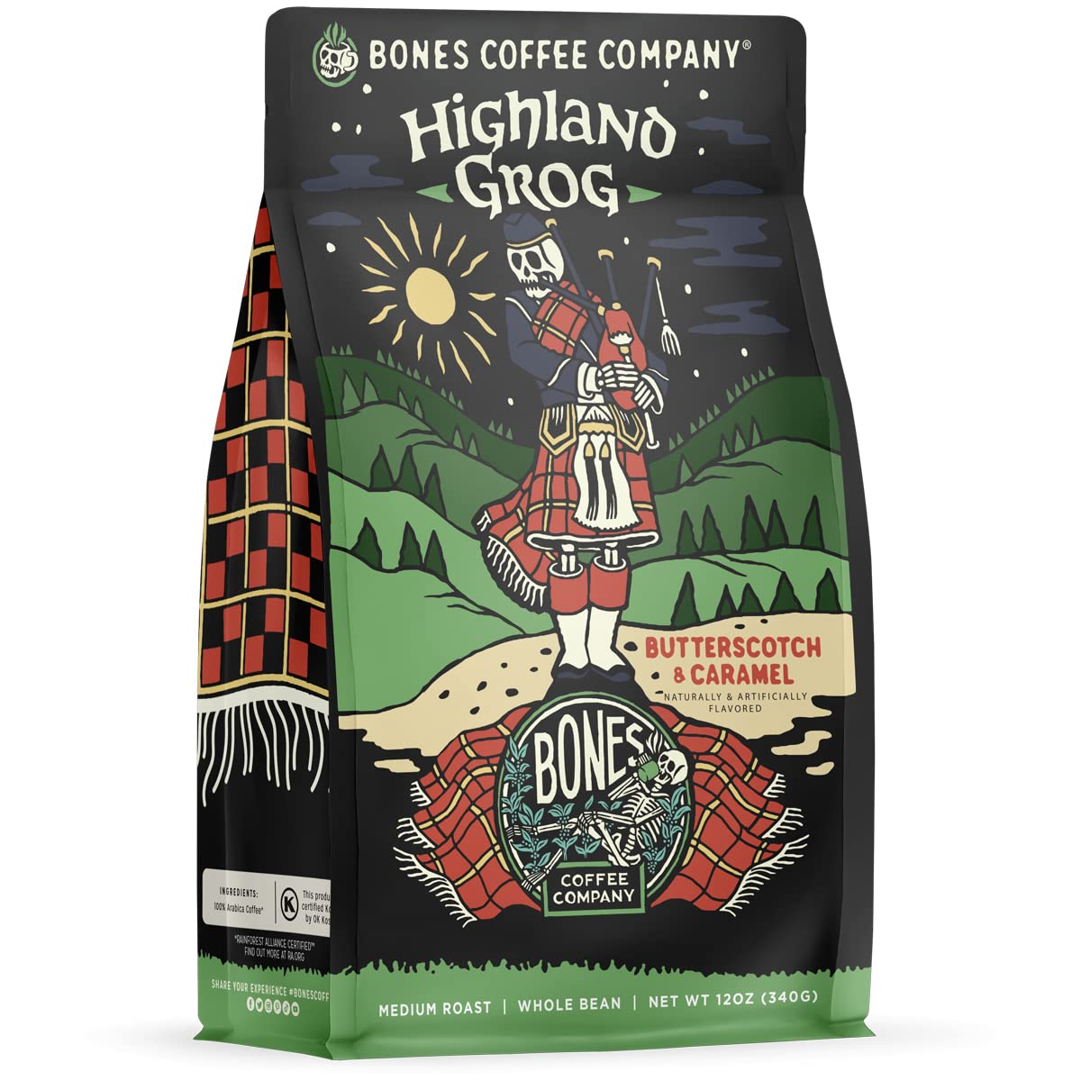 Bones Coffee Company Highland Grog, Butterscotch Caramel Flavored Coffee, Medium Roast Low Acid Arabica Beans Compatible with Au