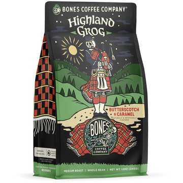 Bones Coffee Company Highland Grog Flavored Coffee Beans & Ground Coffee Butterscotch Caramel Flavor | 12 Oz Medium Roast Arabica Low Acid Coffee | Gourmet Coffee (Ground)