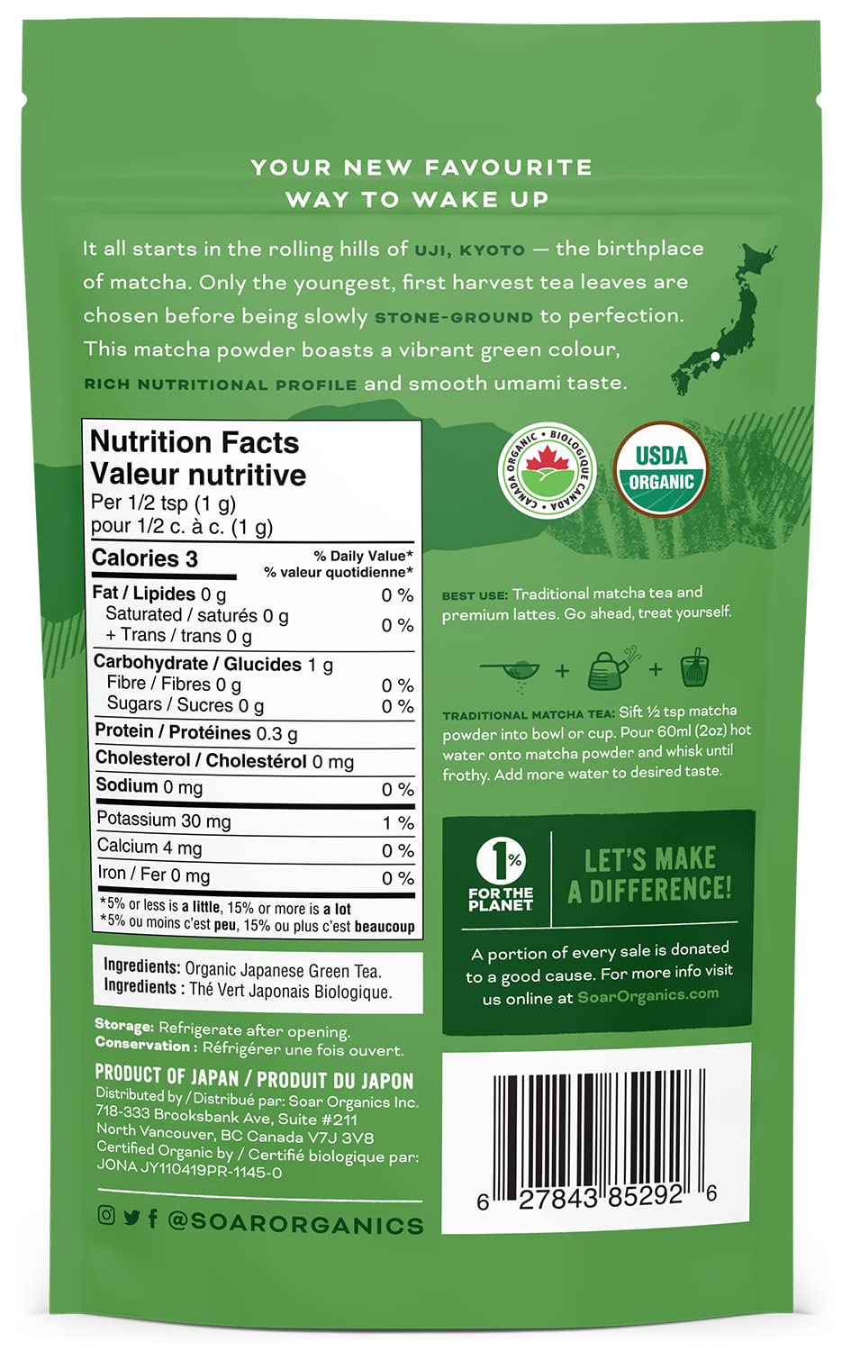 Soar Organics Uji Ceremonial Grade Matcha Green Tea Powder - Authentic Japanese Origin - 3.52 oz
