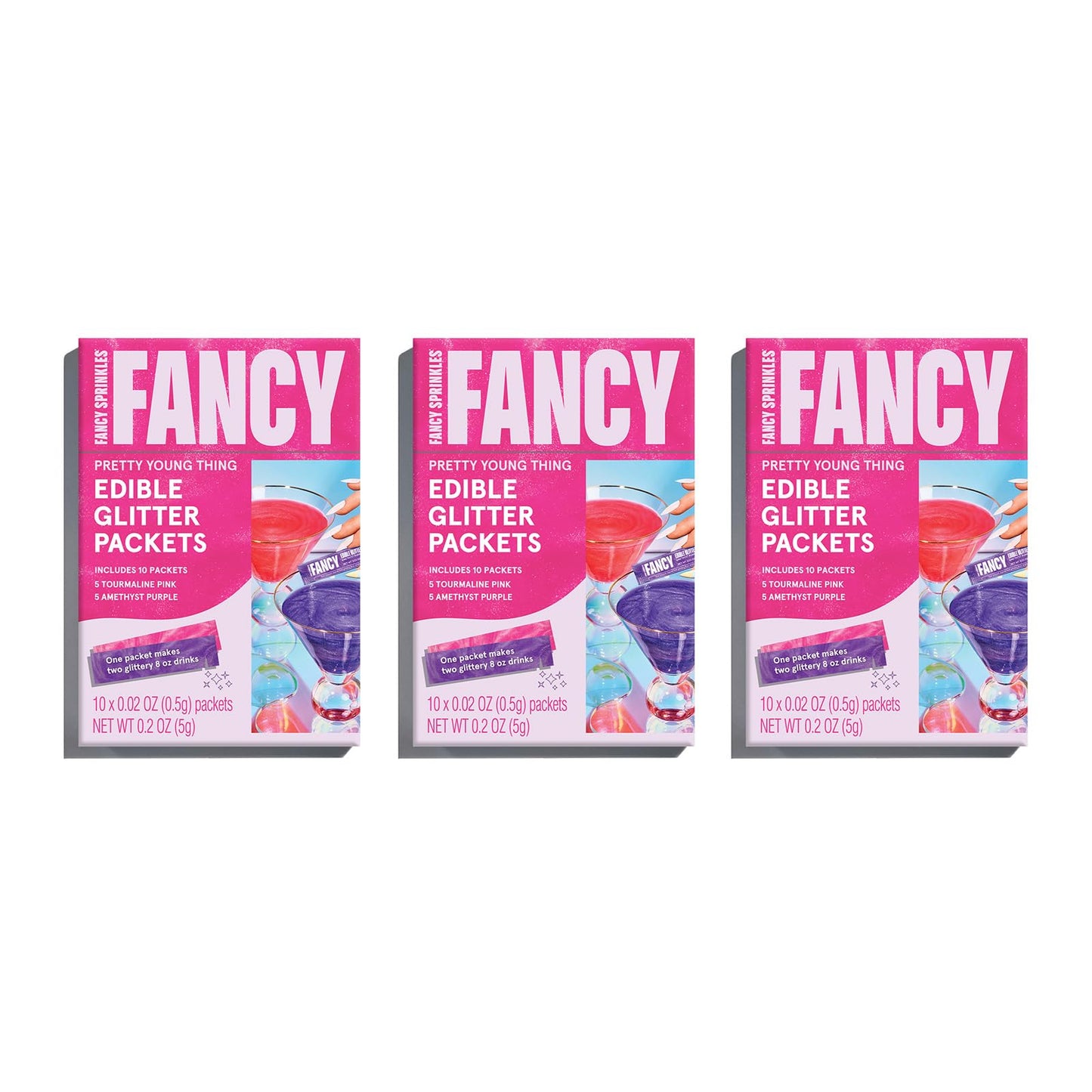 Fancy Sprinkles Edible Glitter Pack - 3 Pack, Tourmaline Pink & Amethyst Purple, Portable for Drinks & Cocktails