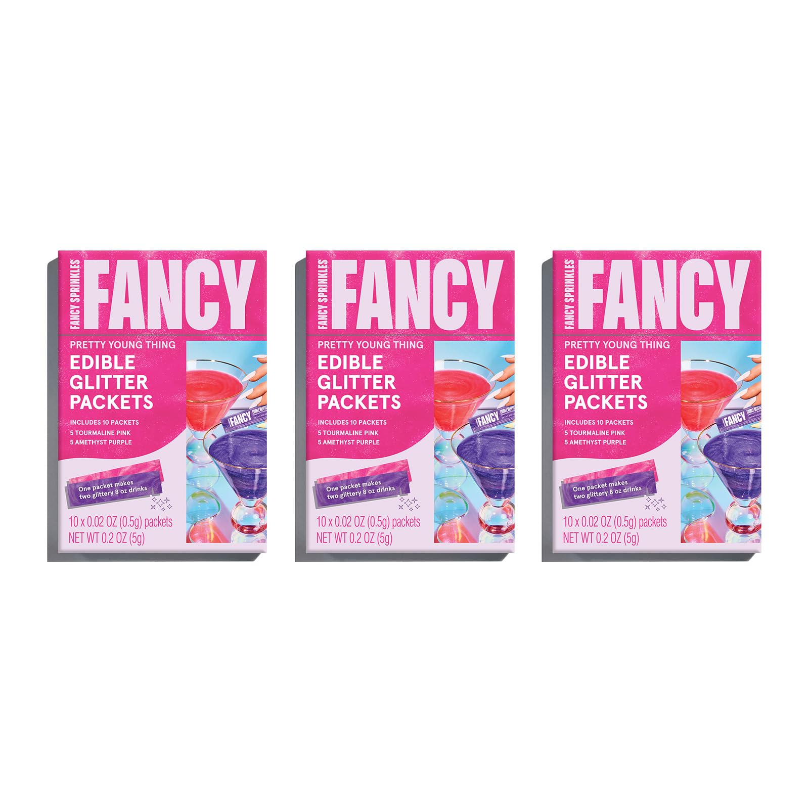 Fancy Sprinkles Edible Glitter Pack - 3 Pack, Tourmaline Pink & Amethyst Purple, Portable for Drinks & Cocktails