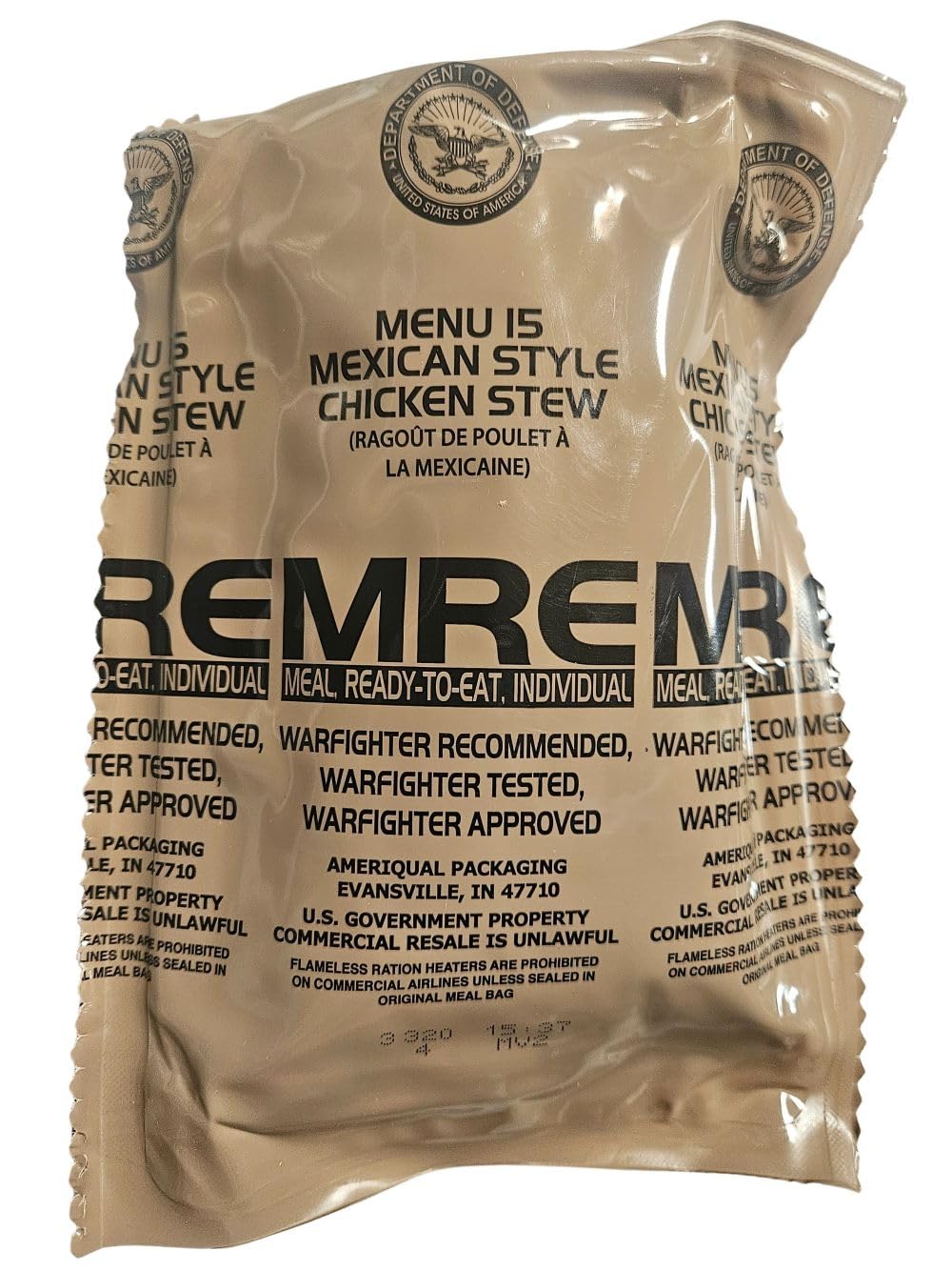 EPIDEMIC PROOF Genuine USGI MRE Meal, Ready to Eat, Mexican Chicken Stew, 24 oz, New Packaging, Inspection Date 01/2026 or Newer