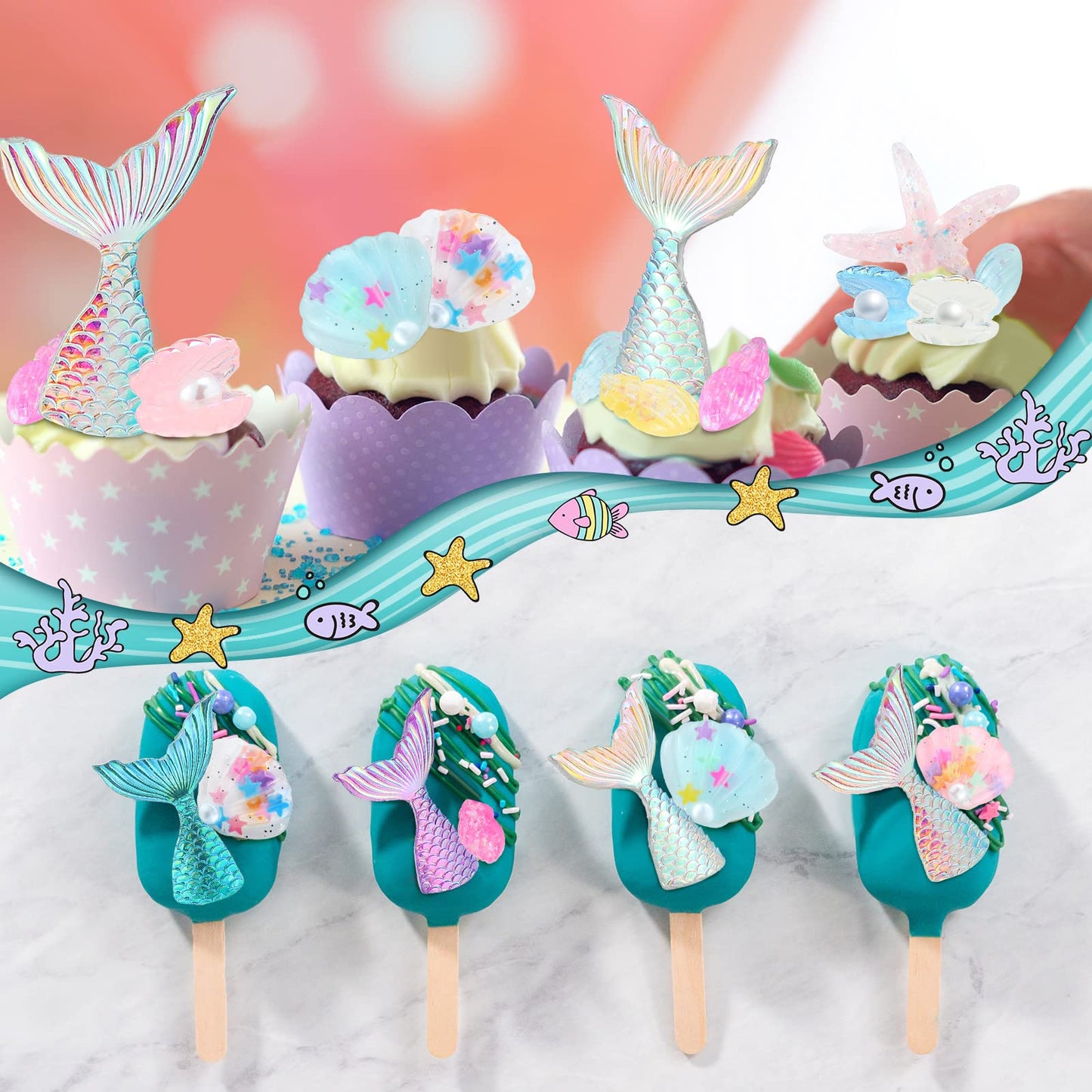 24 Pcs Mermaid Tail Cake Topper Star Conch Cake Cupcake Toppers Sea Creatures Beach Cake Decorations Pastel Under The Sea Cake D