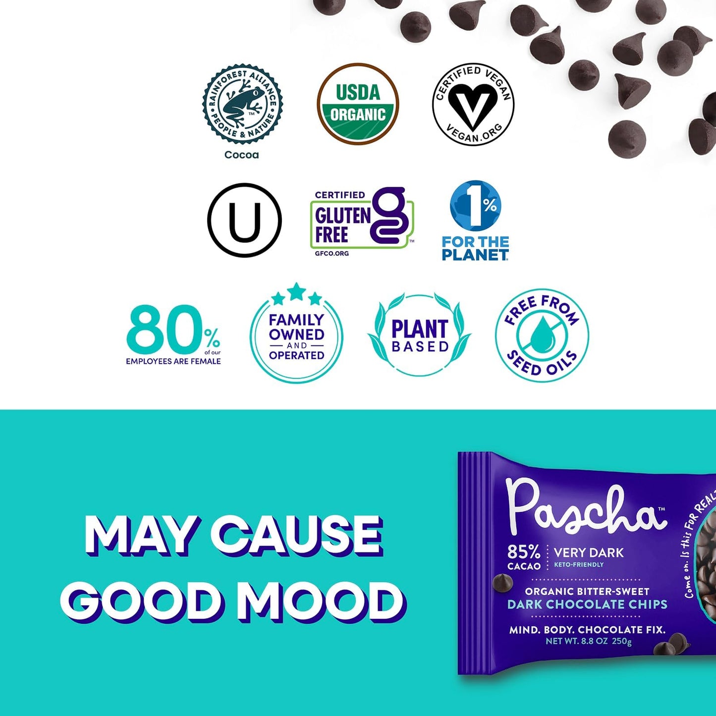 Pascha Organic Extra Dark Chocolate Chips - 85% Cacao Bittersweet - Vegan, Keto-Friendly Baking Chips - Rainforest Alliance Cert