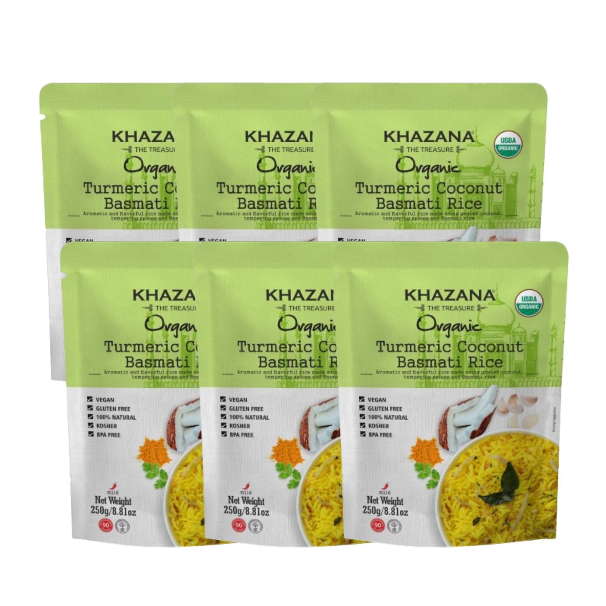 Khazana Turmeric Coconut Organic Basmati Rice - Ready to Heat (6-Pack, 8.8oz) - Authentic, Aromatic & Flavorful Indian Grain - N