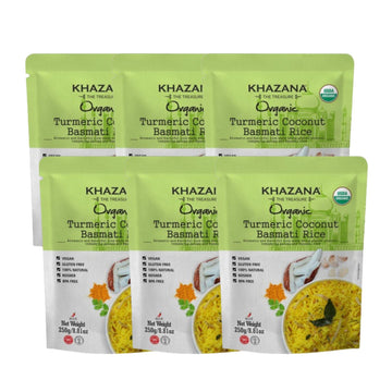 Khazana Turmeric Coconut Organic Basmati Rice - Ready to Heat (6-Pack, 8.8oz) - Authentic, Aromatic & Flavorful Indian Grain - N