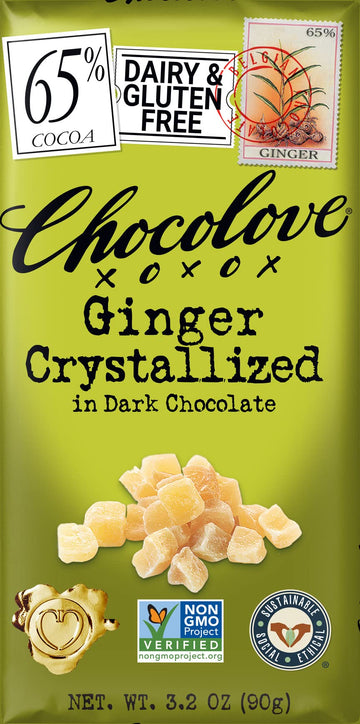 Chocolove Chocolate Bar, Ginger Crystallized In Dark Chocolate, 3.2 Ounce (Pack Of 12)