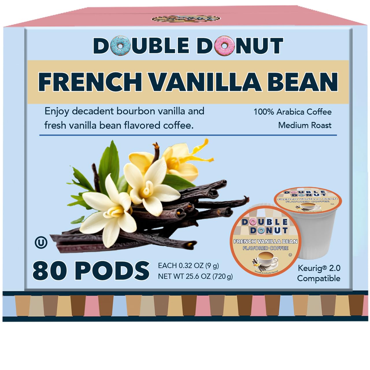 Double Donut French Vanilla Coffee Pods, Medium Roast, 80 Count for Keurig K Cups