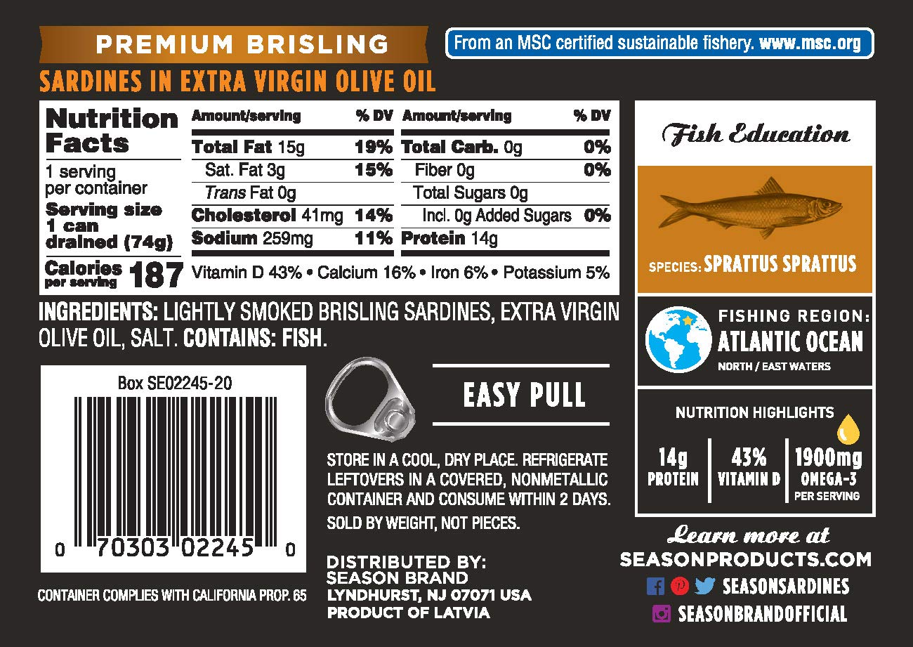 Season Brisling Sardines In Extra Virgin Olive Oil - Wild Caught, 14G Of Protein, Keto Snacks, More Omega 3S Than Tuna, Kosher, High In Calcium, Canned Sardines, Two Layers - 3.37 Oz Tins, 6-Pack