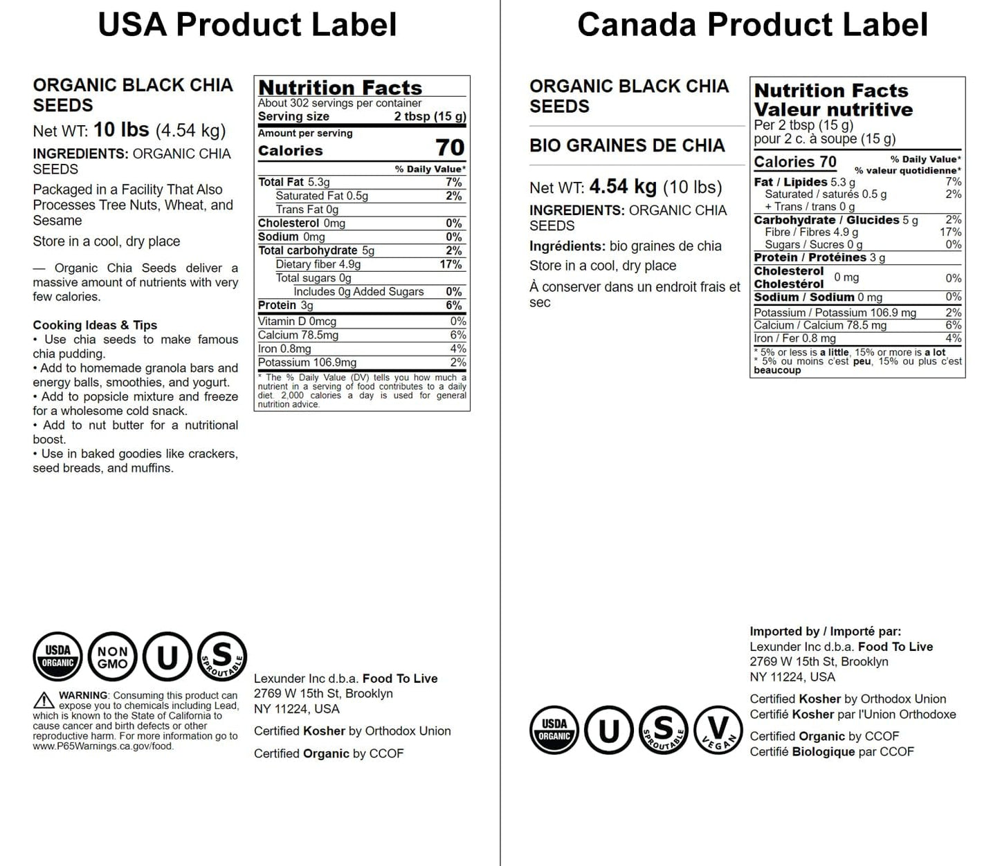 Food to Live - Organic Black Chia Seeds, 10 Pounds Non-GMO, Whole, Sproutable, Vegan, Kosher, Keto, Sirtfood, Bulk. Rich in Esse