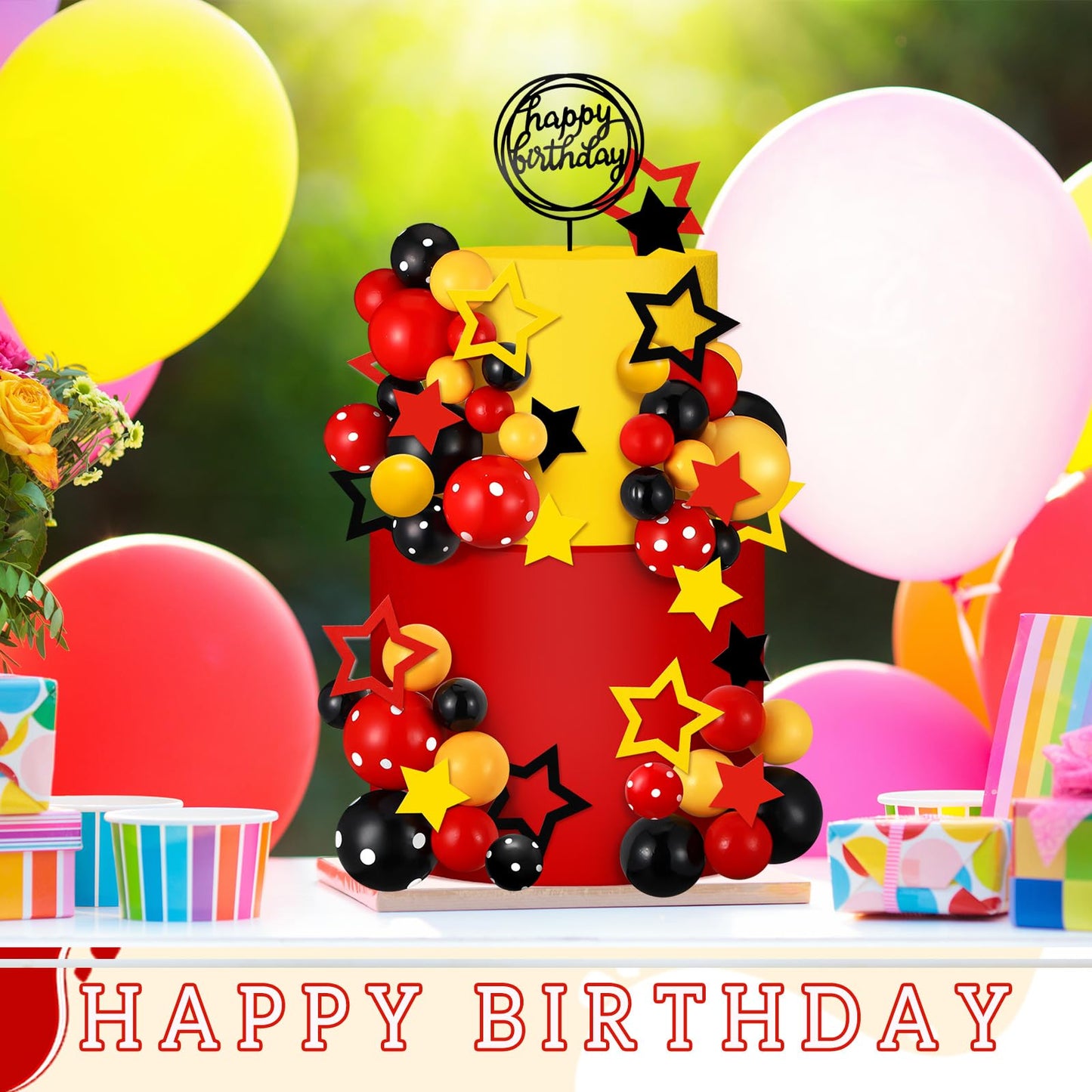 Teenyyou 57 Pcs Cake Topper Set - Black Red Yellow Star Decorations for Birthday, Baby Shower - Various Sizes