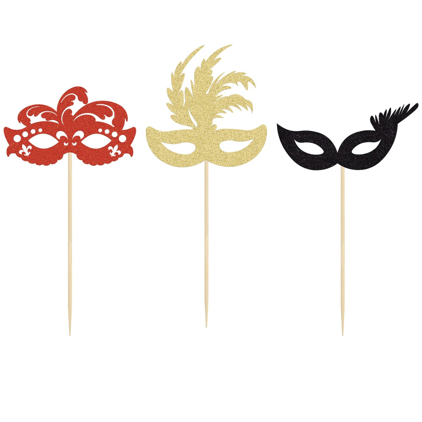 Gyufise 24 Pack Masquerade Masks Cupcake Toppers Black Gold Red Glitter Bachelorette Party Mask Cupcake Picks Mardi Gras Party B