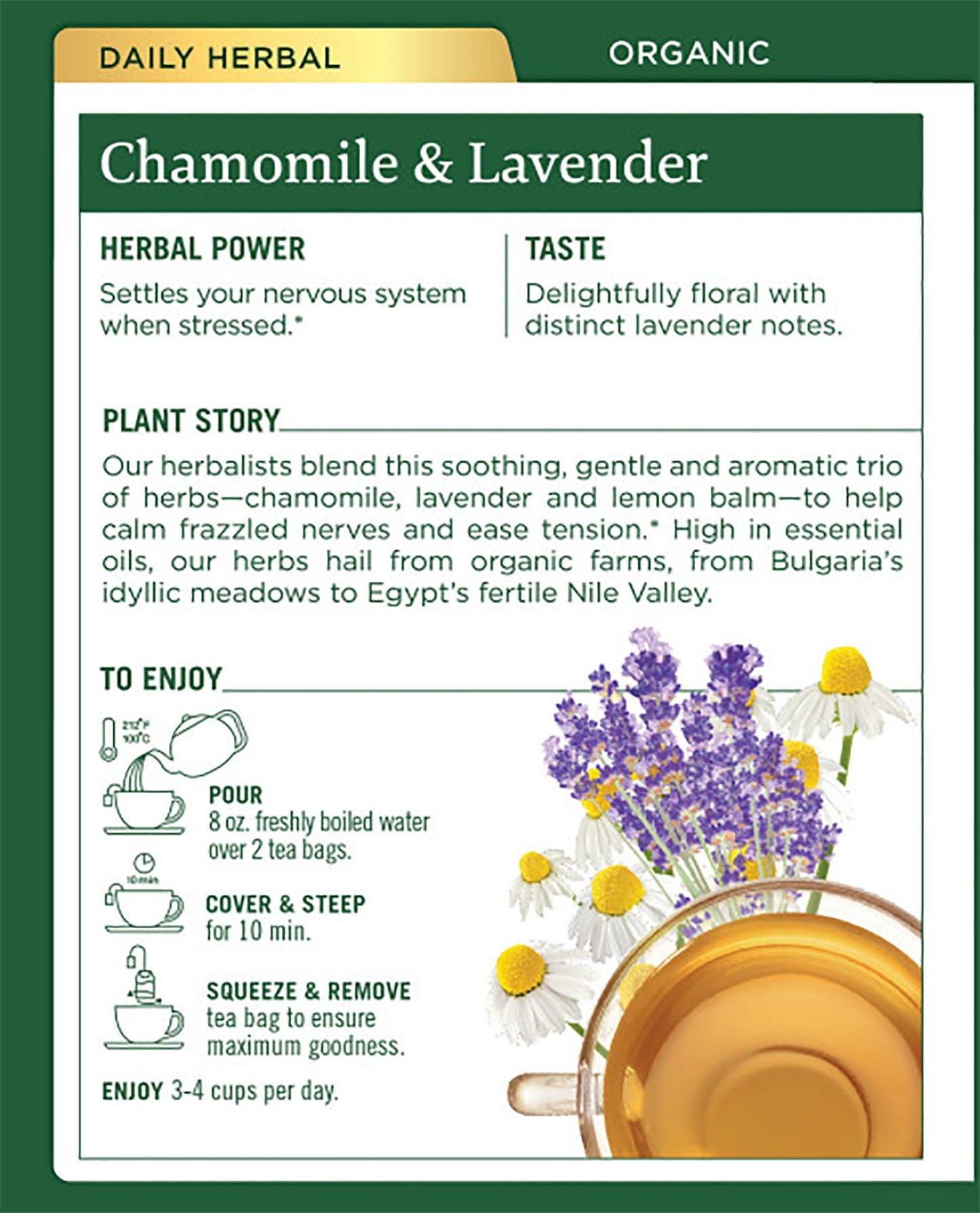 Traditional Medicinals Organic Chamomile & Lavender Herbal Tea, Settles Nervous System, (Pack Of 4) - 64 Tea Bags Total