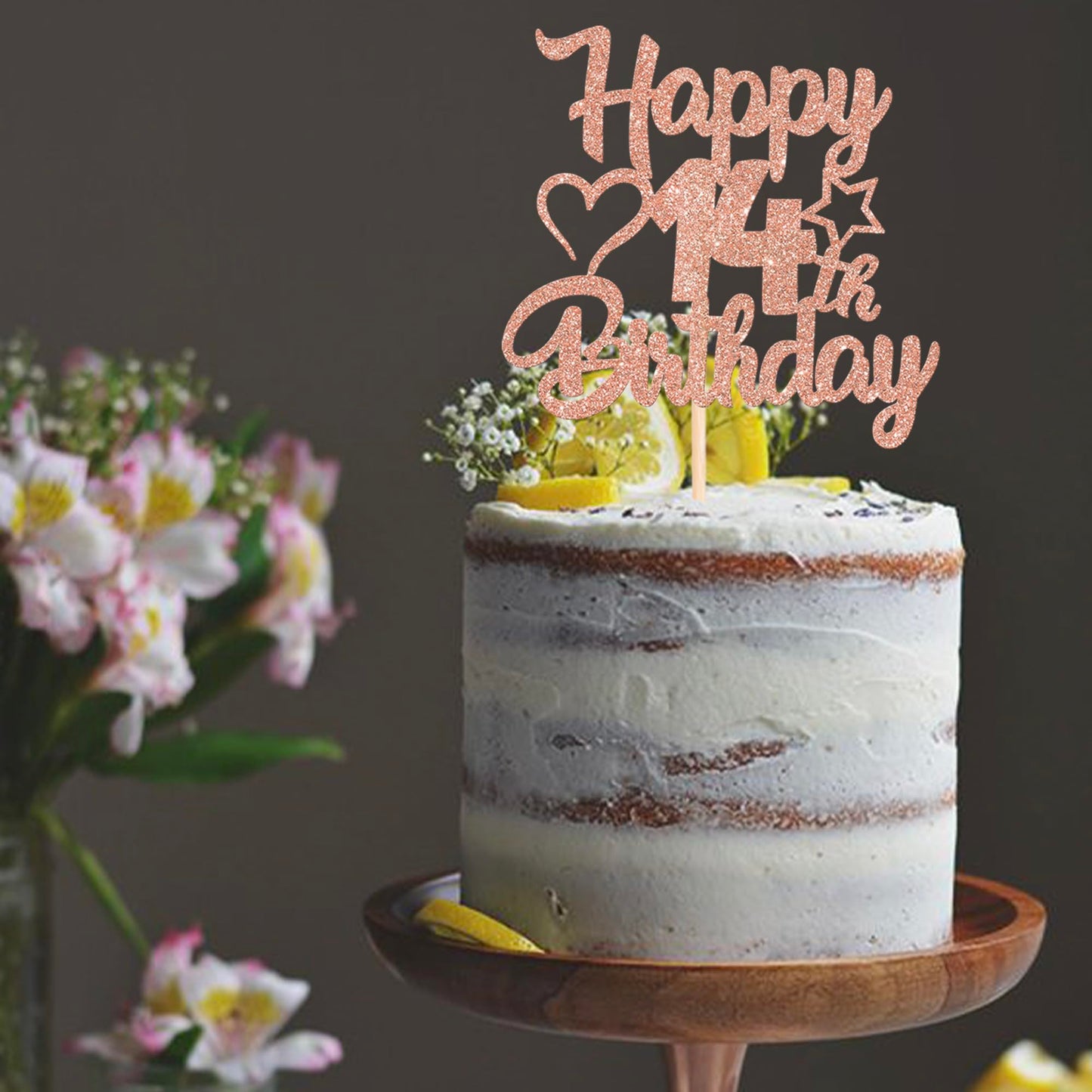 YCTHUNFISH 14th Birthday Cake Topper - Glitter Heart Star, Rose Gold, Paper, Party Supplies