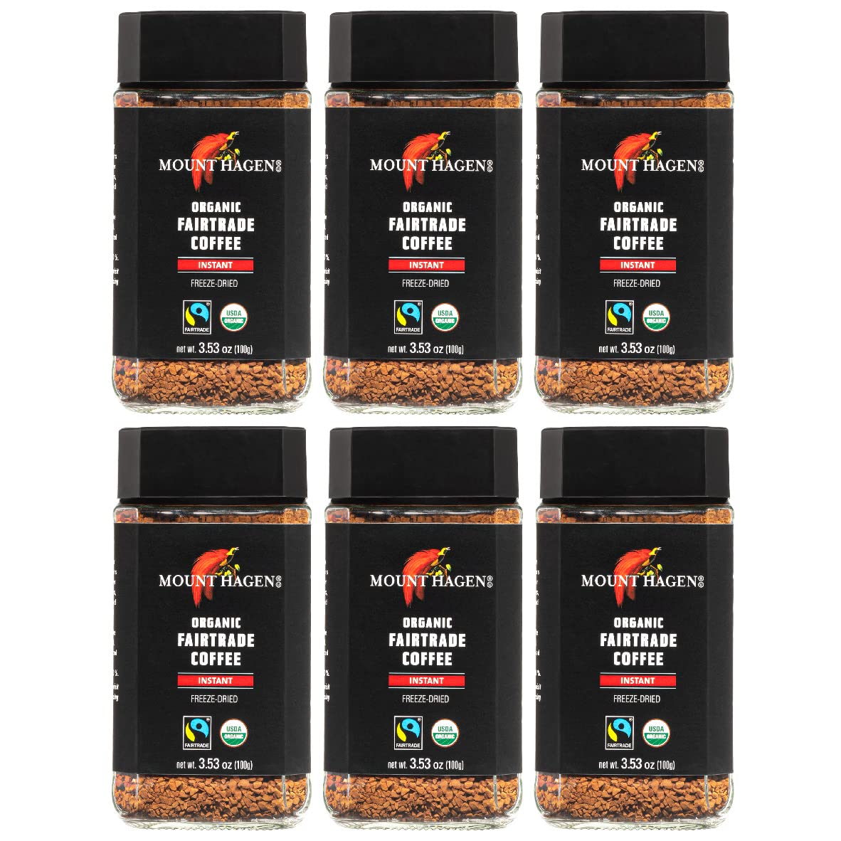 Mount Hagen Organic Freeze Dried Instant Coffee - Fair-Trade, Medium Roast, 6 x 3.53oz Jars, Eco-friendly, Black
