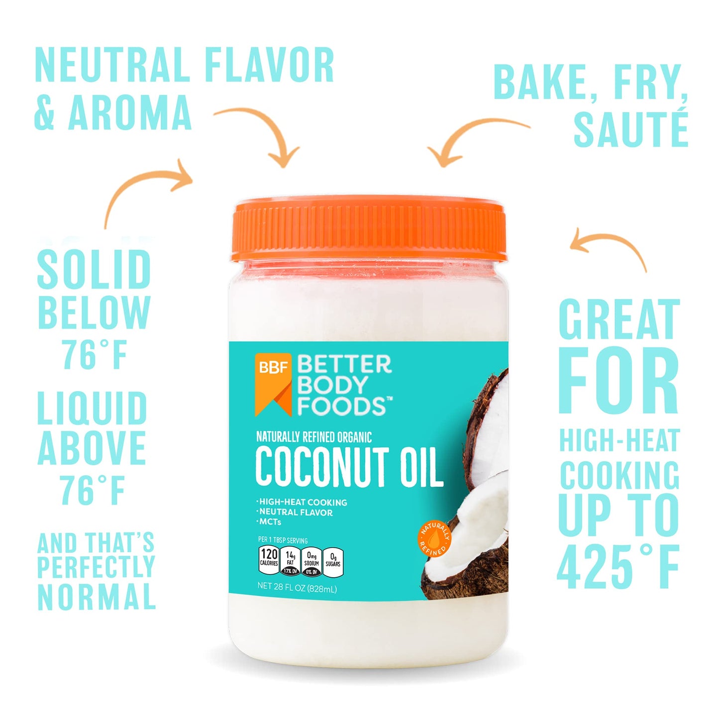 Betterbody Foods Organic Refined Coconut Oil, 15.5 Fl Oz, All Purpose Oil For Cooking, Baking, Hair And Skin Care