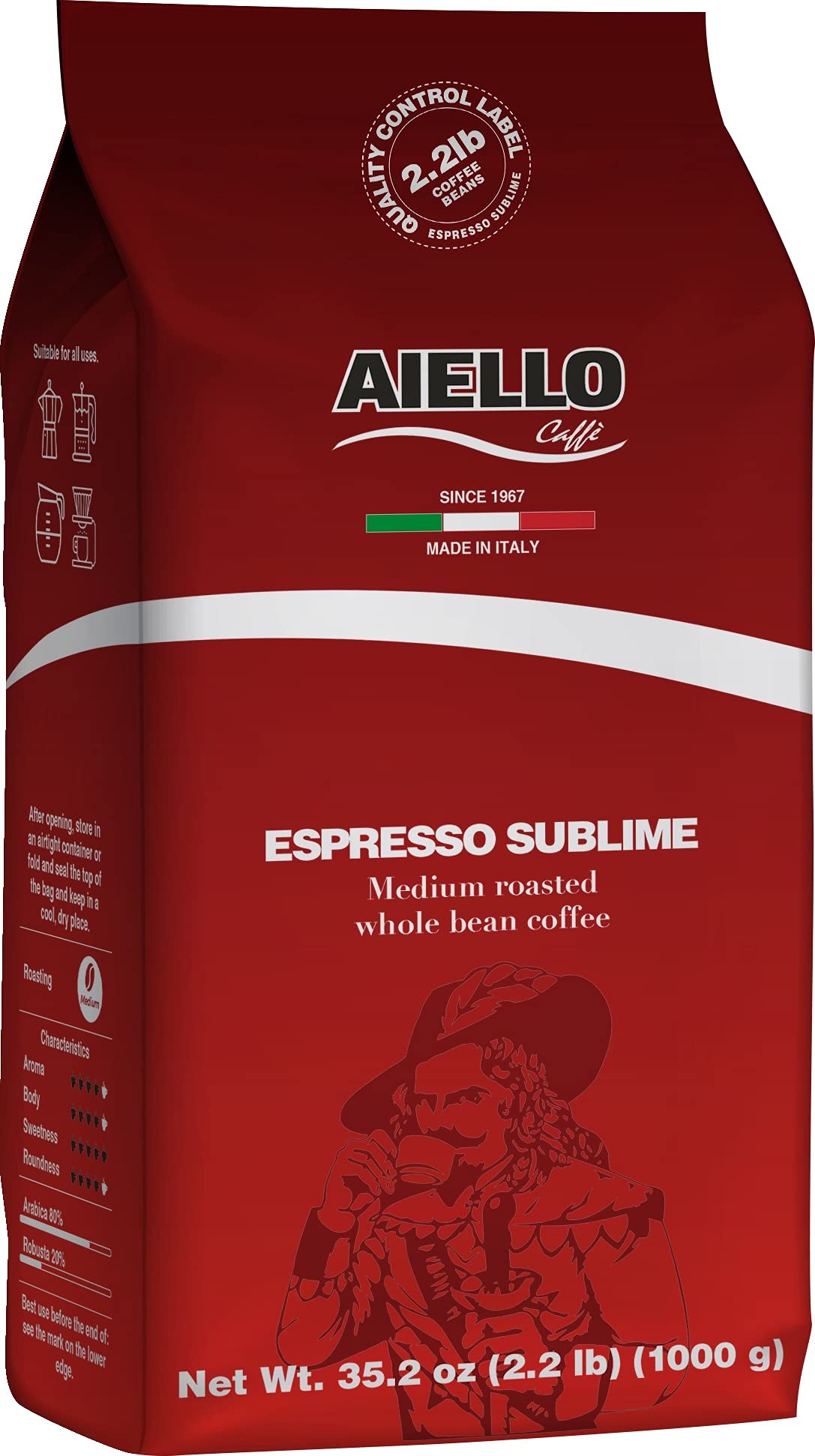 Aiello Caffe Italian Espresso Coffee Beans, Medium Whole Bean, 35.2 Ounce Bag