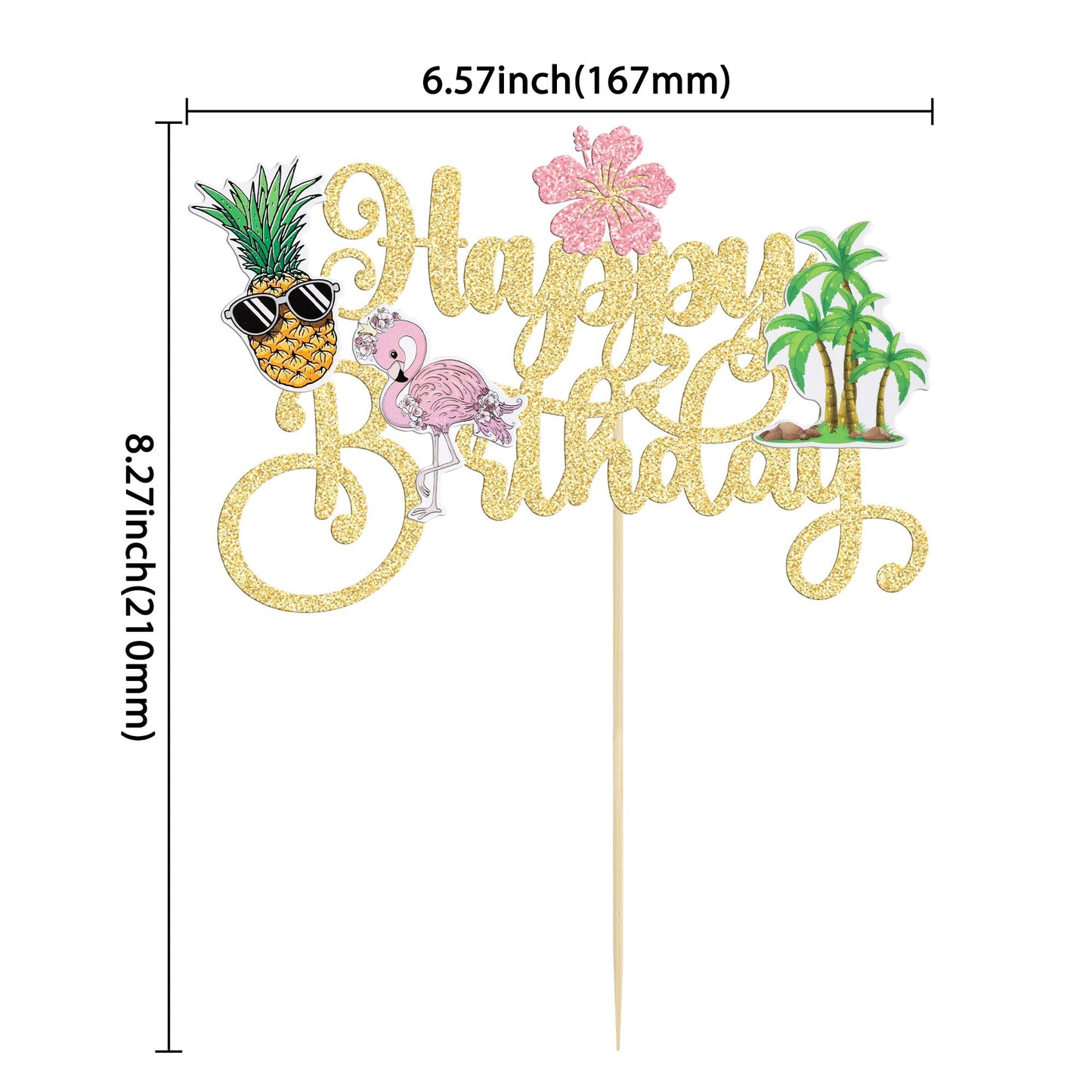 Gyufise 1Pcs Happy Birthday Cake Topper Tropical Hawaiian Luau Cake Pick Glitter Flamingo Flower Plam Leave Pineapple Cake Decor