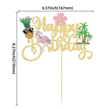 Gyufise 1Pcs Happy Birthday Cake Topper Tropical Hawaiian Luau Cake Pick Glitter Flamingo Flower Plam Leave Pineapple Cake Decor