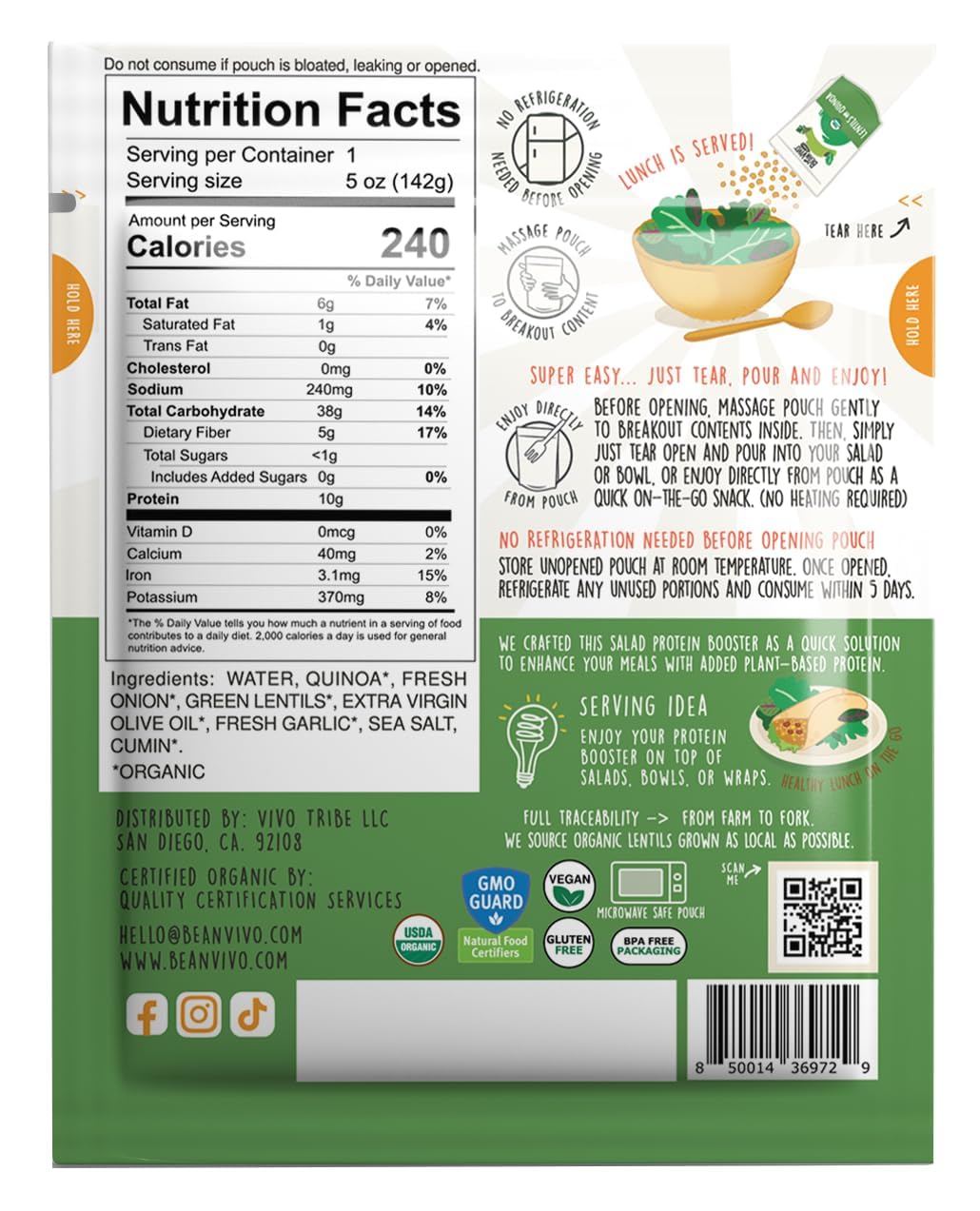 Beanvivo 6-Pack Salad Protein Booster - Organic Lentils & Quinoa, Fully Cooked And Seasoned, Delivering A Burst Of Taste And 10G