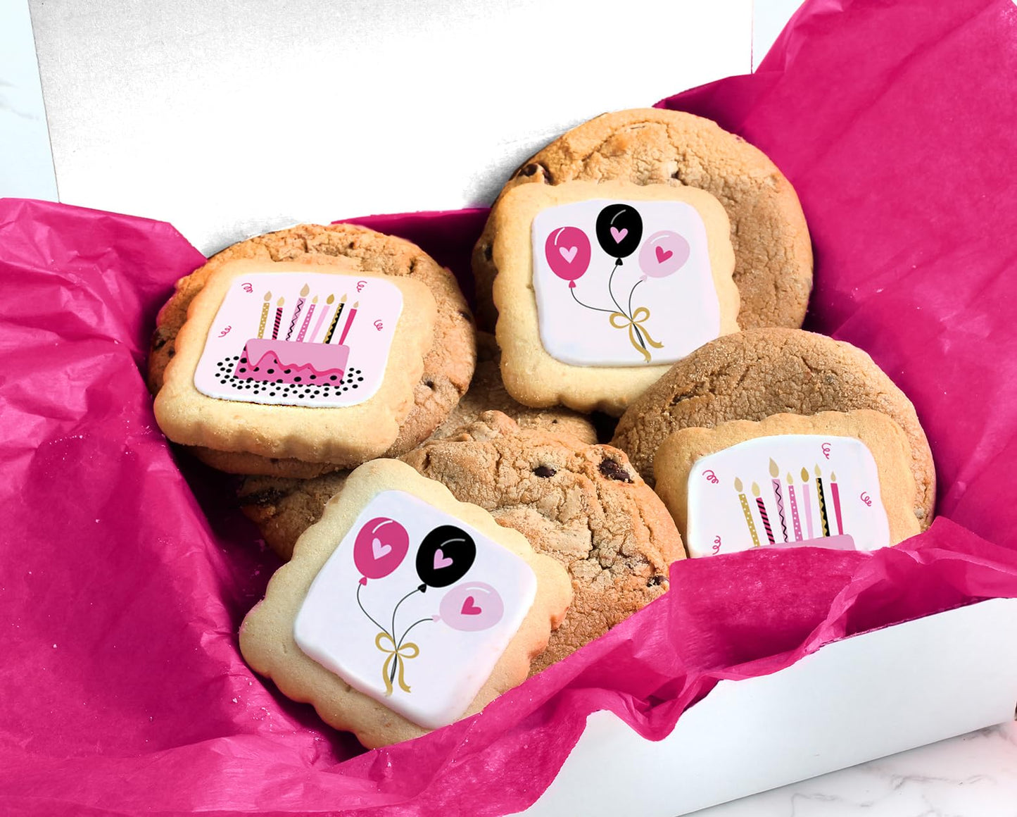 Happy Birthday Gift Basket Cookies Chocolate Chip Cookie Fudge Filled For Her Women Girls Kids | Individually Wrapped Pink Treat Food Package