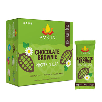 Amrita Chocolate Brownie Vegan Protein Bars - Peanut/Dairy Free, Soy & Gluten Free - 15G Plant Based Protein Bars - High Fiber L