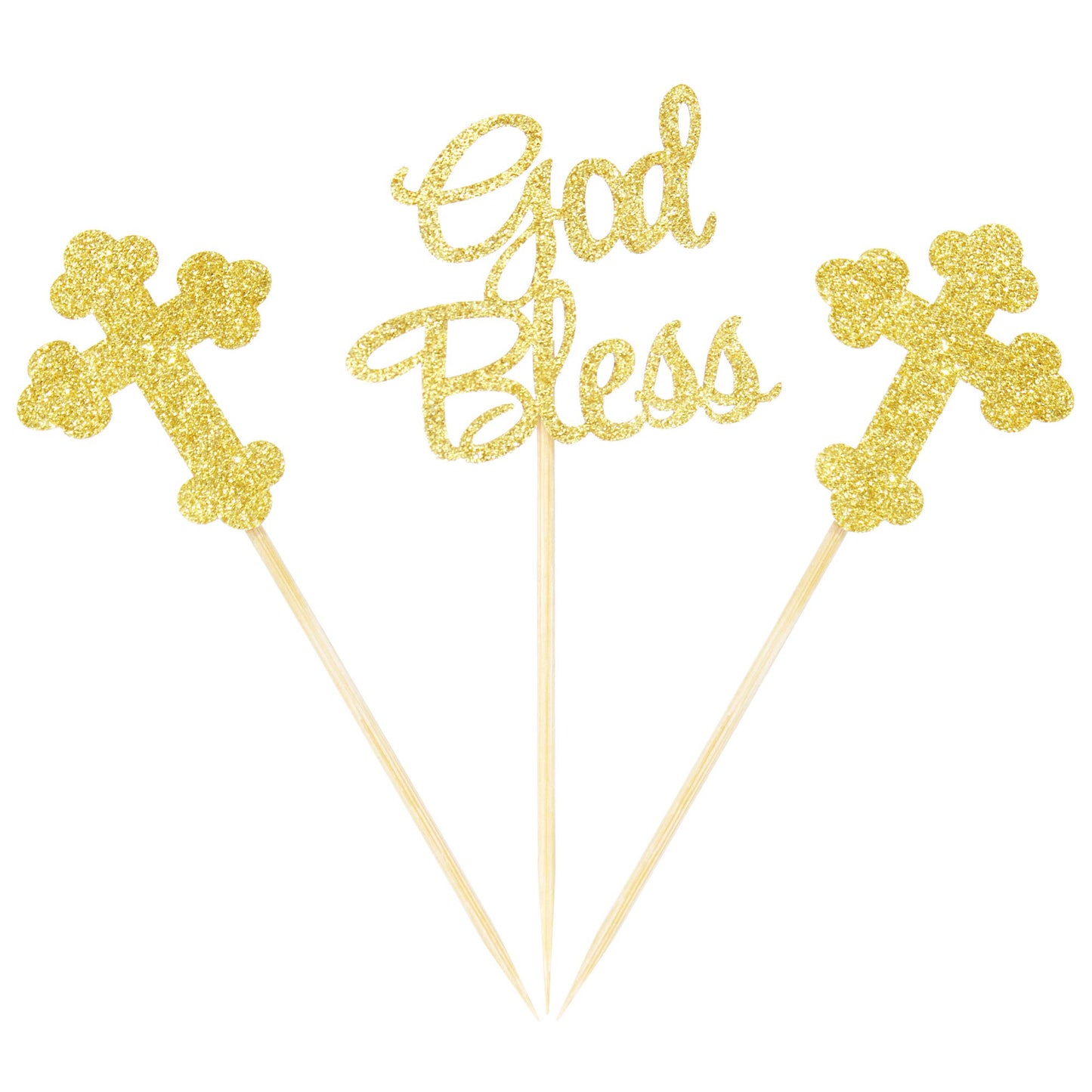 Ercadio Cupcake Toppers Gold Glitter 24 Pack for Baby Baptism Party Decorations, Small, Paper