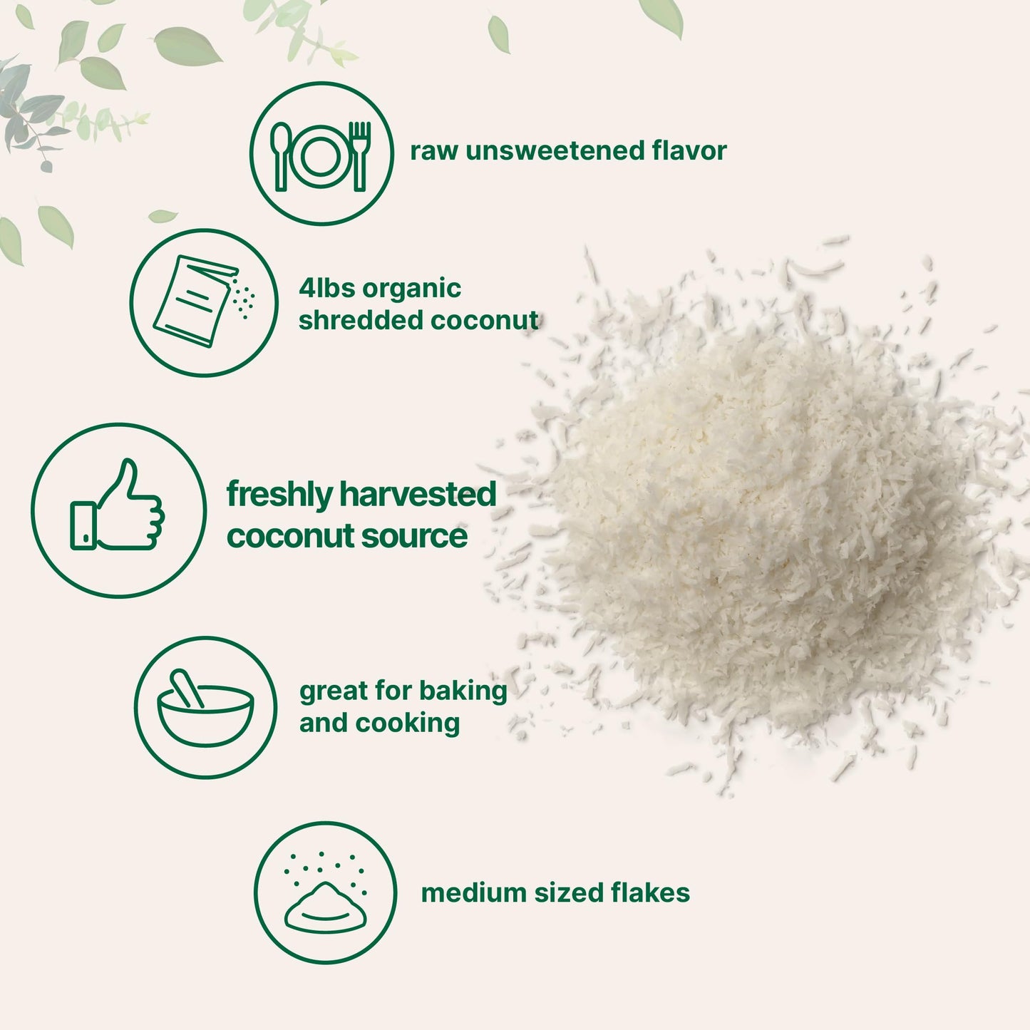Organic Shredded Coconut Flakes, 4lbs | Raw Unsweetened Flavor, Medium Sized | Great for Baking, Smoothies, or Garnish | Non-GMO