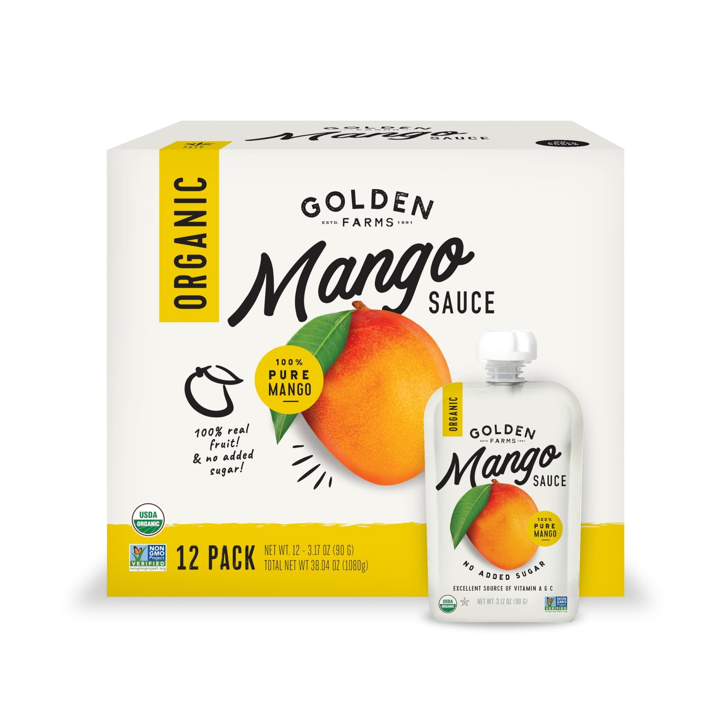 Golden Farms Mango Pouches, Single Ingredient Healthy Snacks (Pack Of 12), 100% Pure Fruit, No Added Sugar, Vegan, Gluten-Free, 