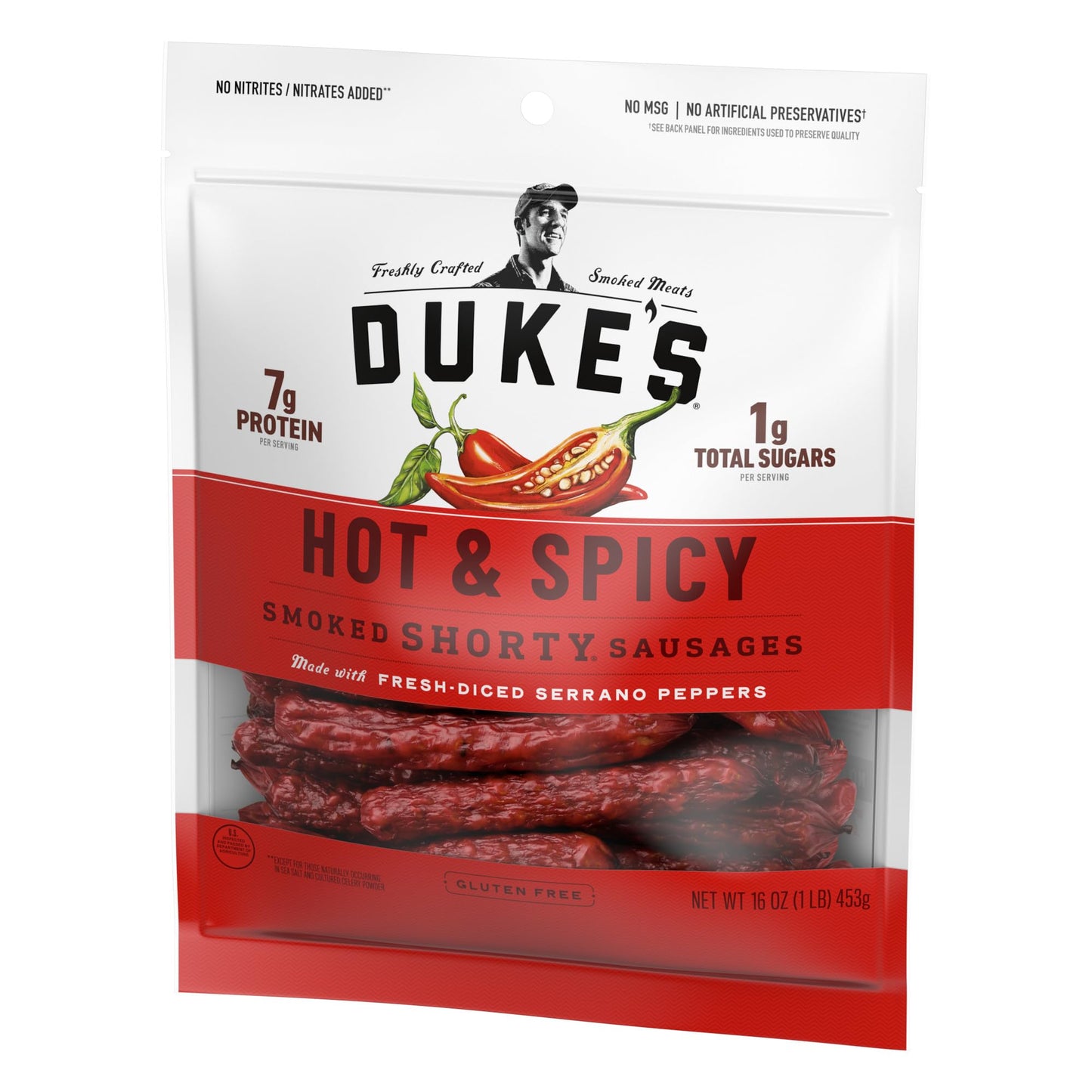 DUKE'S Pork Hot & Spicy Smoked Shorty Sausages, 16 oz, 7g Protein, Perfect for Charcuterie Boards