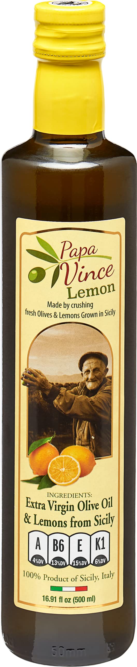 Papa Vince Extra Virgin Olive Oil, Lemon Agrumato, First Cold Pressed, Unfiltered, 16.91 Fl Oz, Glass Bottle, Sicily, Italy