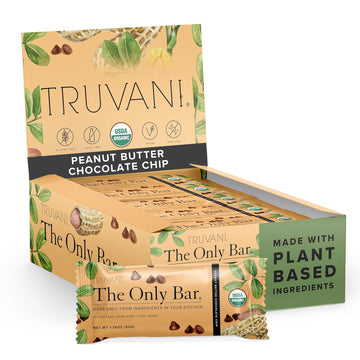 Truvani Plant Based Snack Bar | Peanut Butter Chocolate Chip 12 Pack | 8G Protein | Usda Organic And Vegan | The Only Bar | Dair