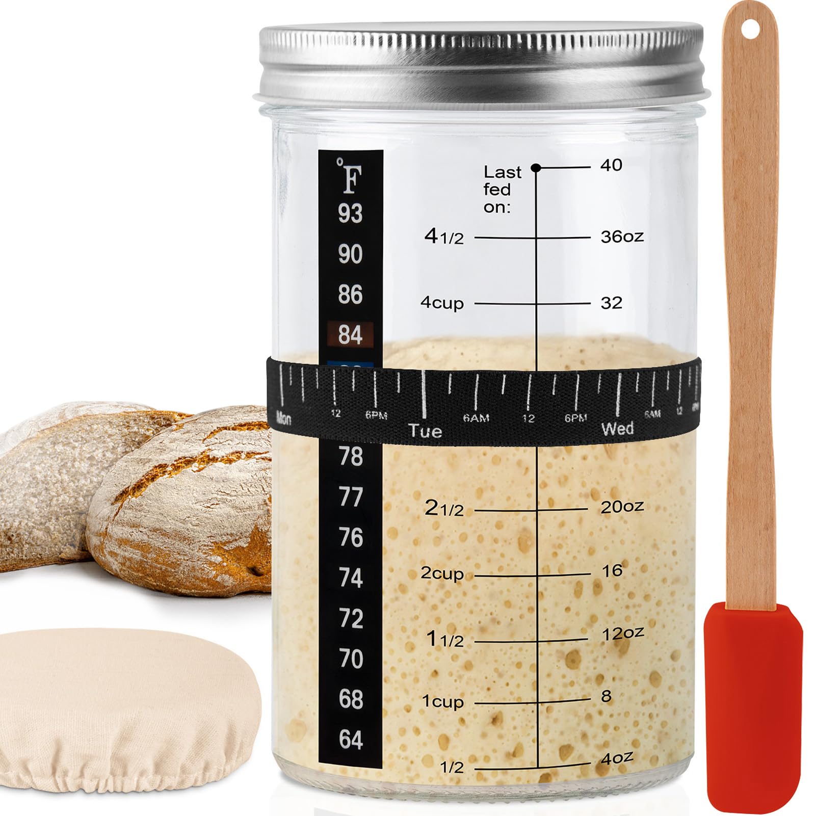 Tyniaide Sourdough Starter Kit with Thermometer Strips & Covers - 40 oz/1200 ml Jar