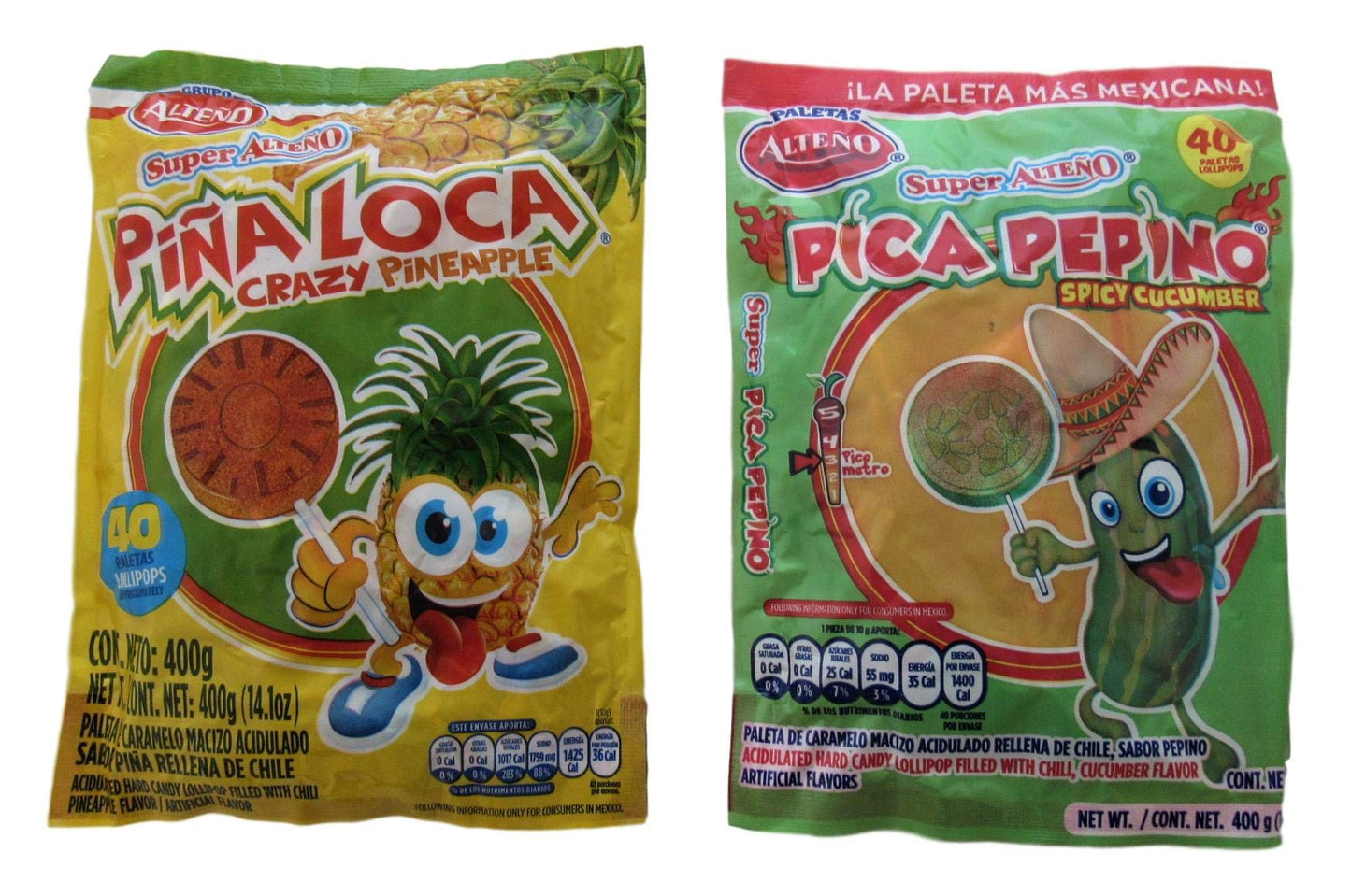 Alteno Super Pina Loca (Crazy Pineapple) Lolipops Bundled with Alteno Pica Pepino (Spicy Cucumber) Lolipops, 40 pieces per bag, 