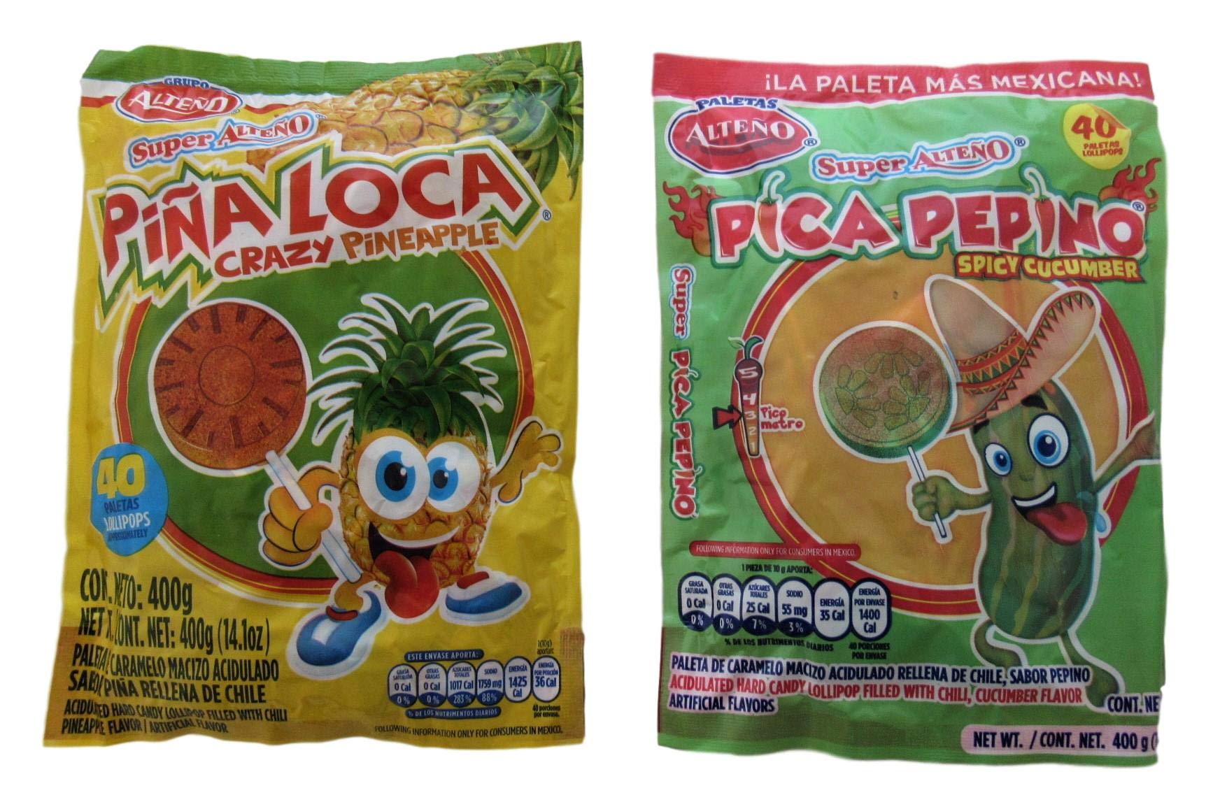 Alteno Super Pina Loca (Crazy Pineapple) Lolipops Bundled with Alteno Pica Pepino (Spicy Cucumber) Lolipops, 40 pieces per bag, 