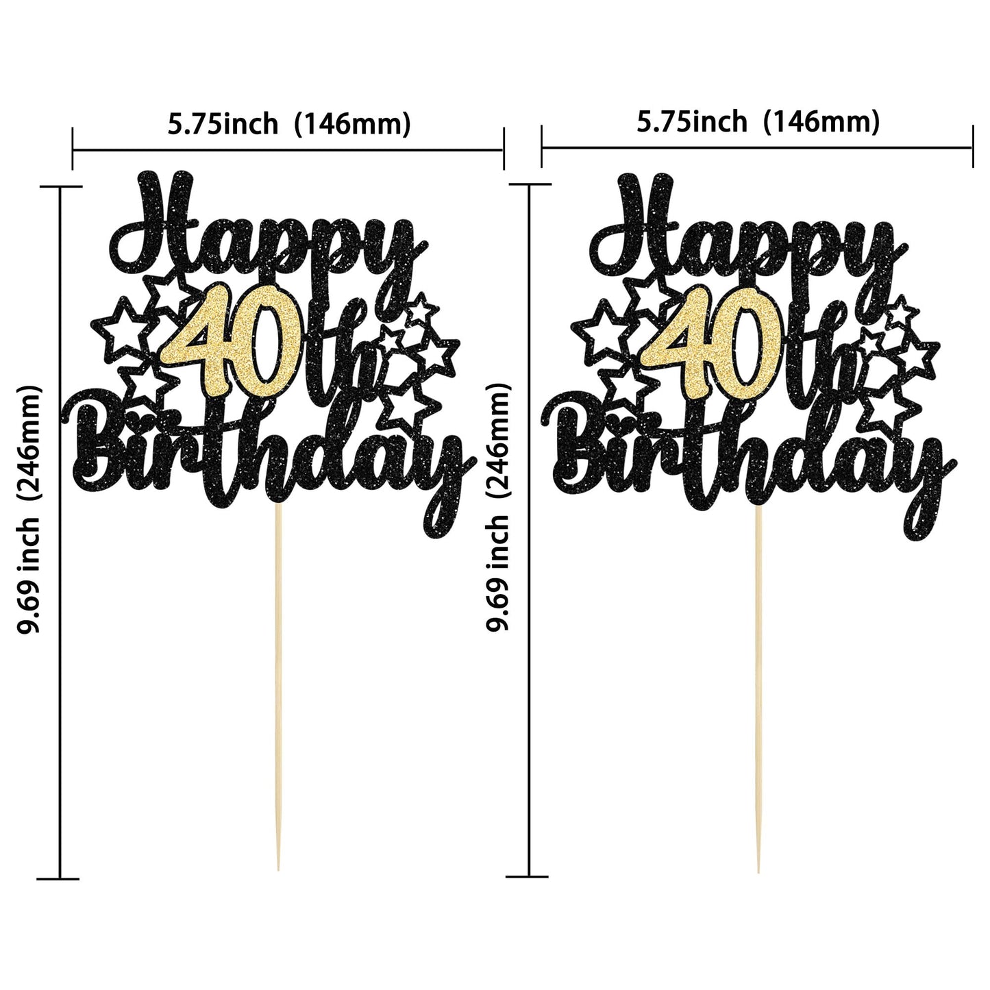 Gyufise 1Pc Happy 40Th Birthday Cake Topper Black Gold Glitter Cheers To 40 Years Birthday Cake Pick 40 Fabulous Cake Decoration