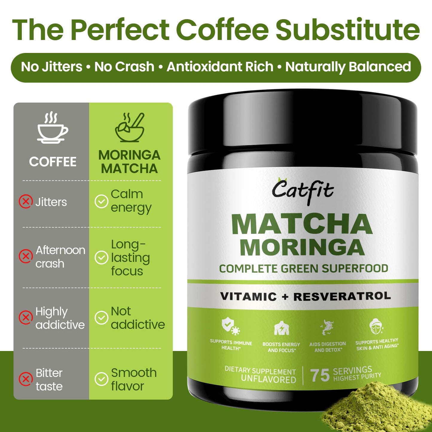 Matcha Powder - Superfood Blend with Moringa & Green Tea & Resveratrol  Energy & Focus Support  Immune & Antioxidant Defense  Vegan  Gluten-Free  8oz